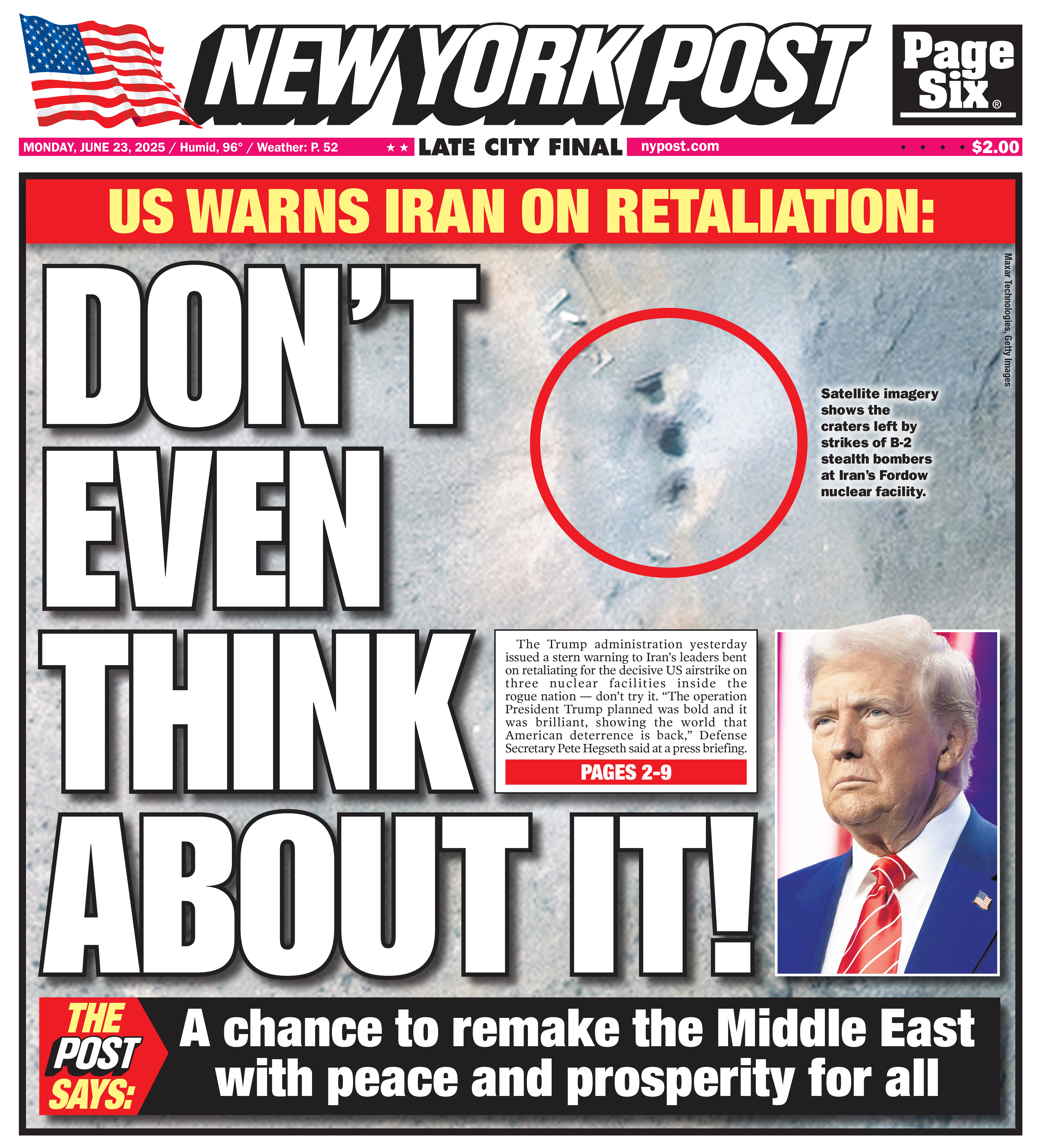 New York Post front page; US warns Iran against retaliation following airstrike on nuclear facility.