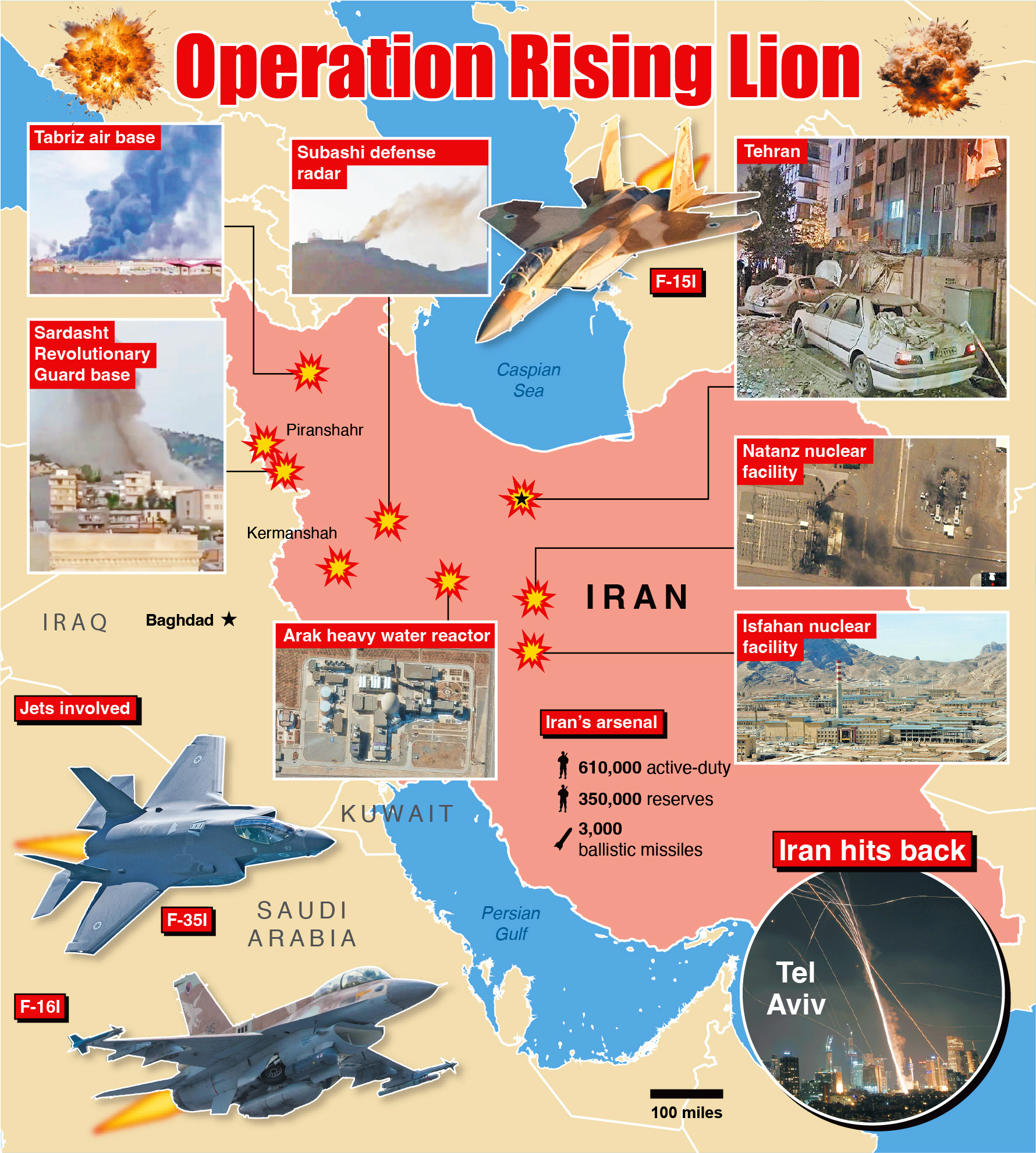 Illustration of Operation Rising Lion, showing the locations of attacks on Iranian military sites and nuclear facilities.