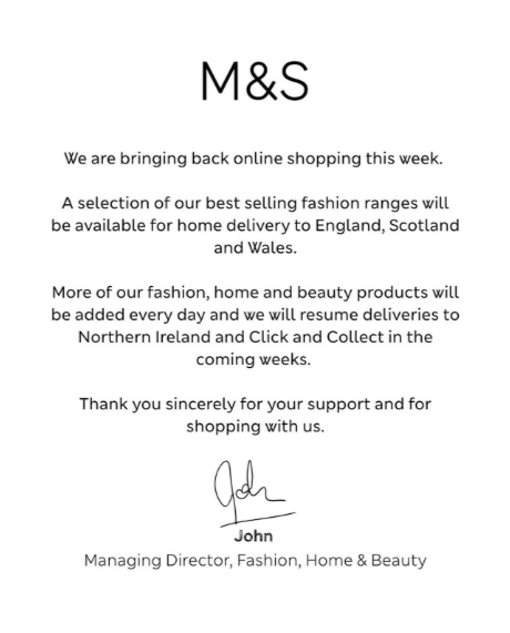M&S announcement: Online shopping resuming this week, starting with best-selling fashion ranges and expanding to include home and beauty products.