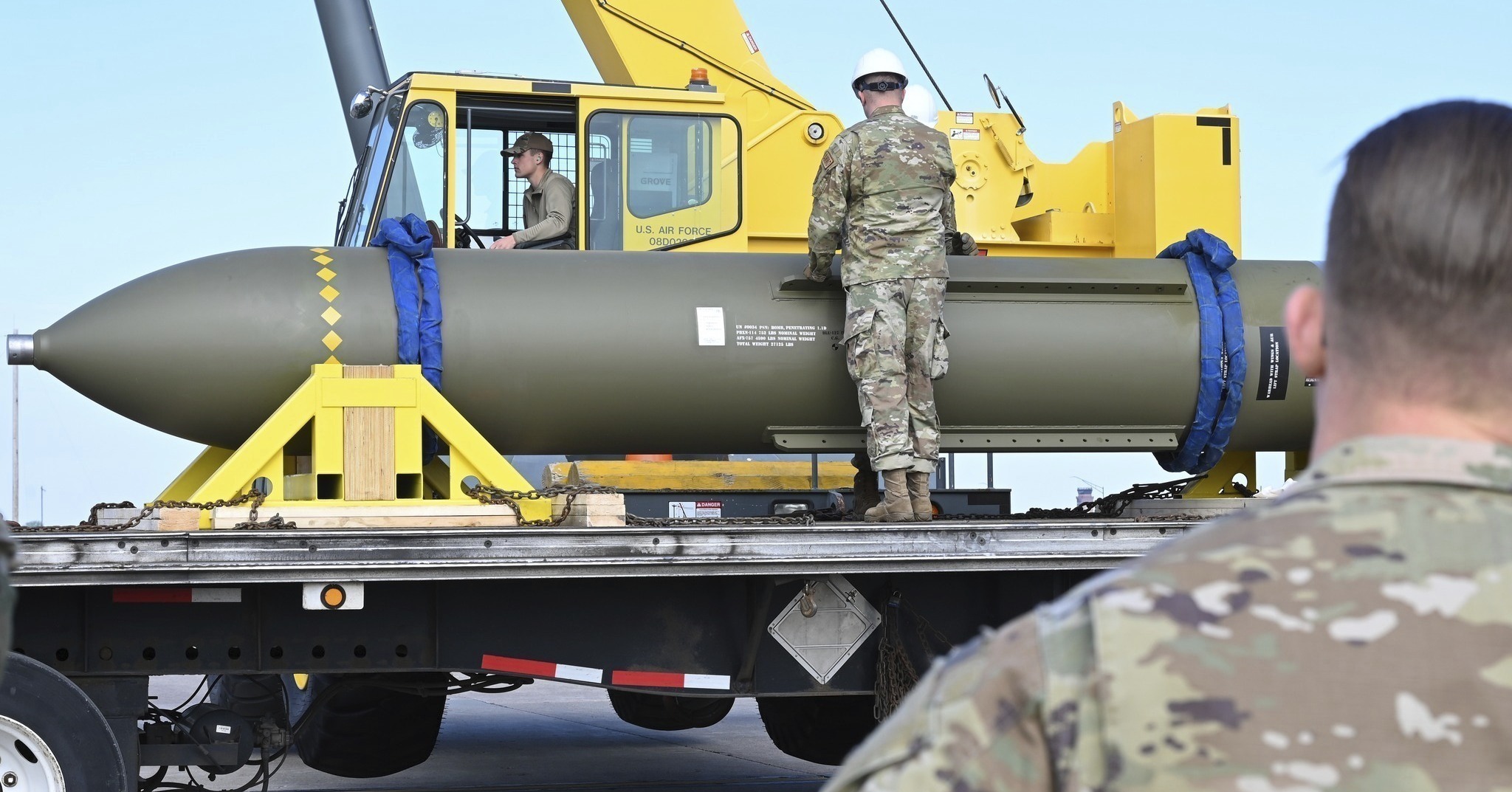 GBU-57 Massive Ordnance Penetrator bomb on a flatbed truck.