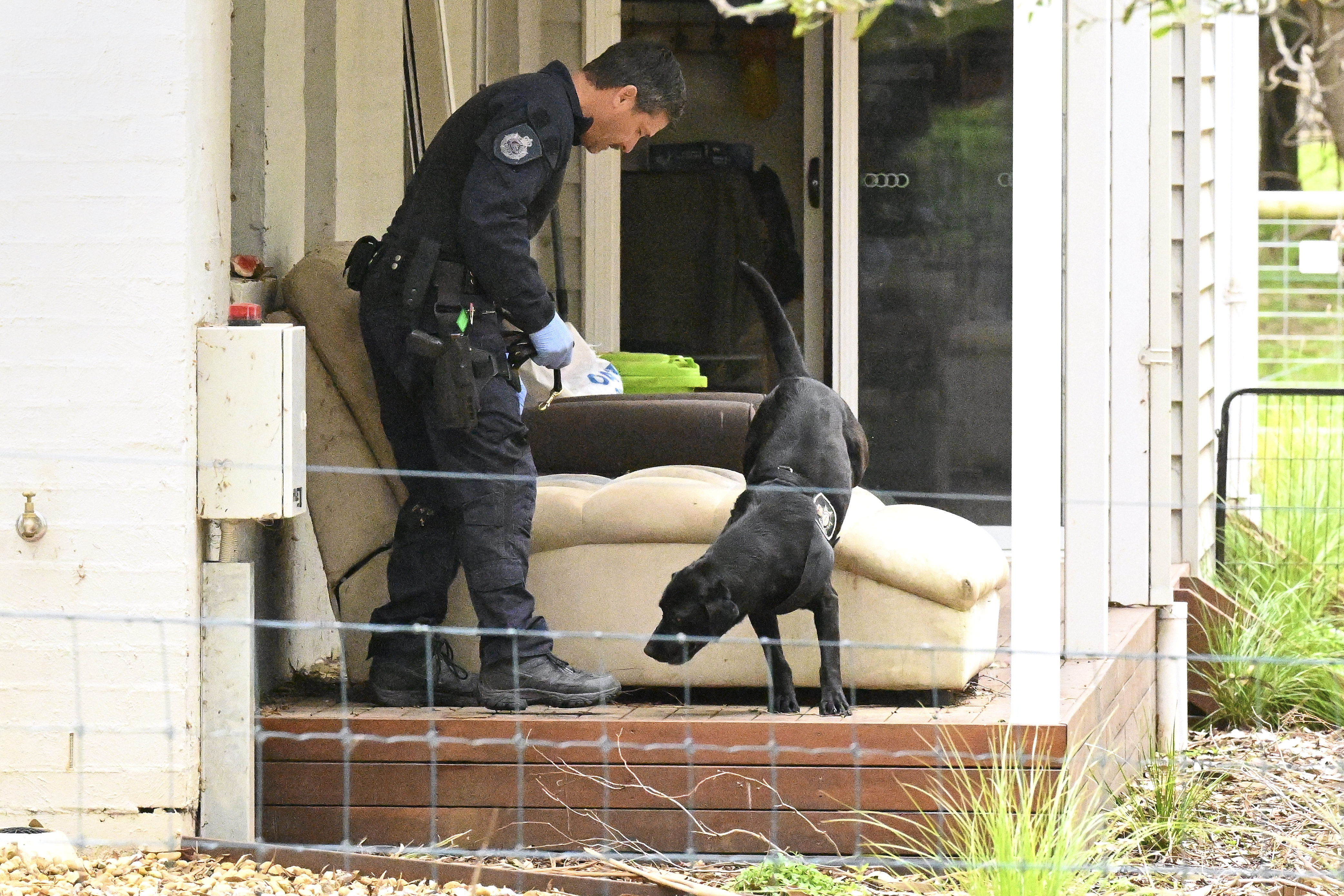 Police officer and police dog investigating a crime scene.