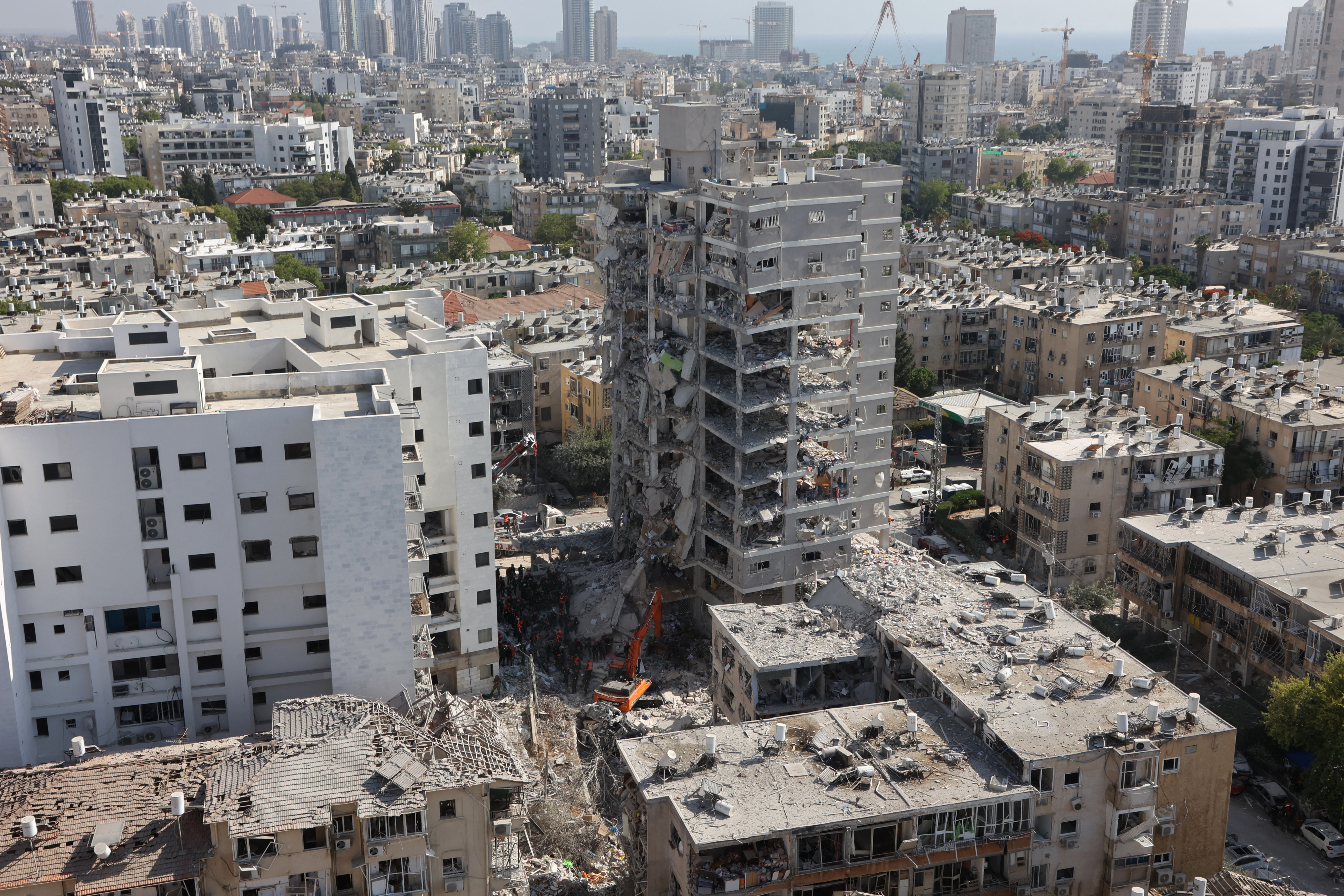 Aerial view of a damaged residential building in Bat Yam, Israel, following an Iranian missile strike.