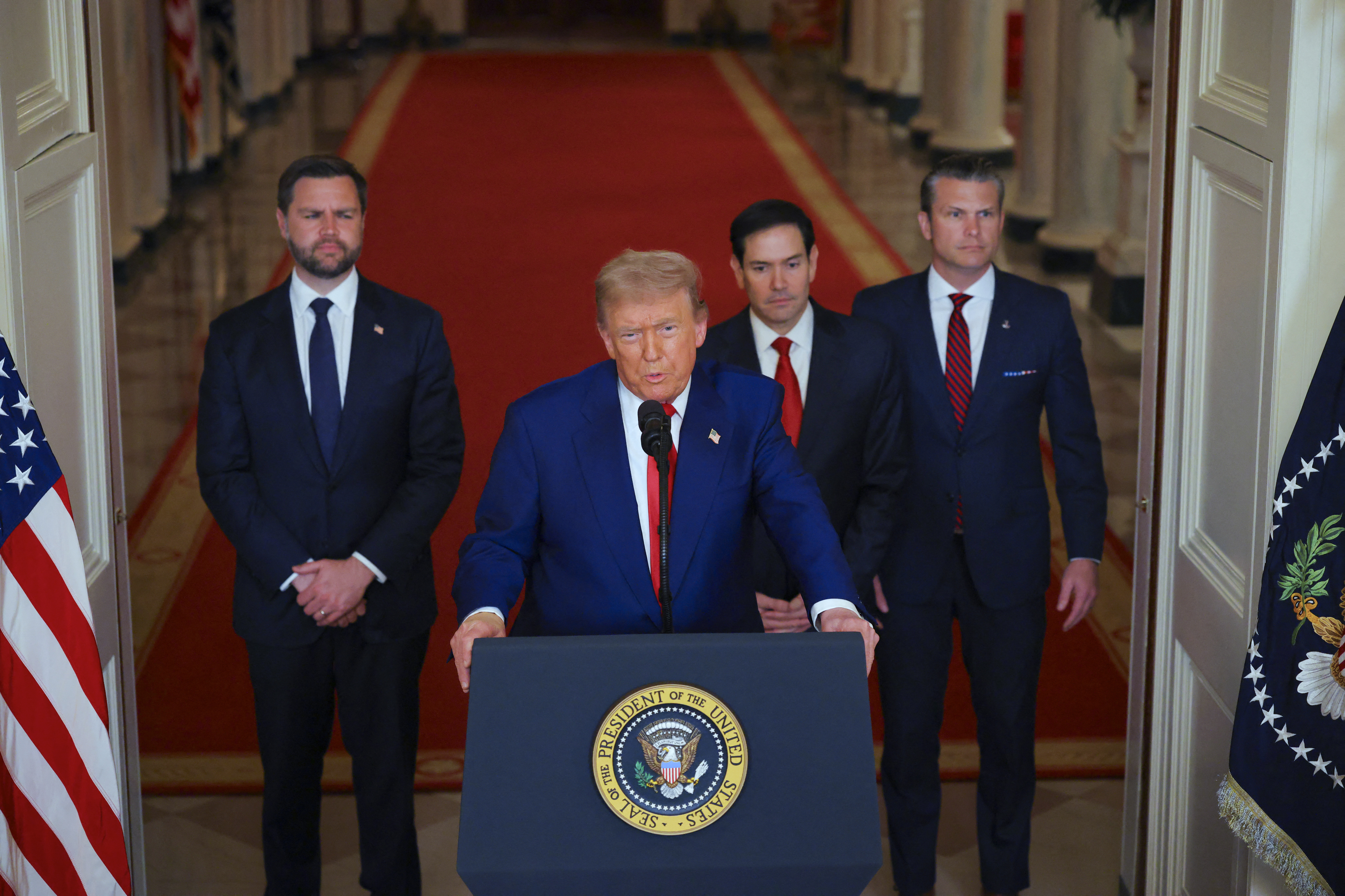 President Donald Trump addresses the nation inside the White House on June 21, 2025.