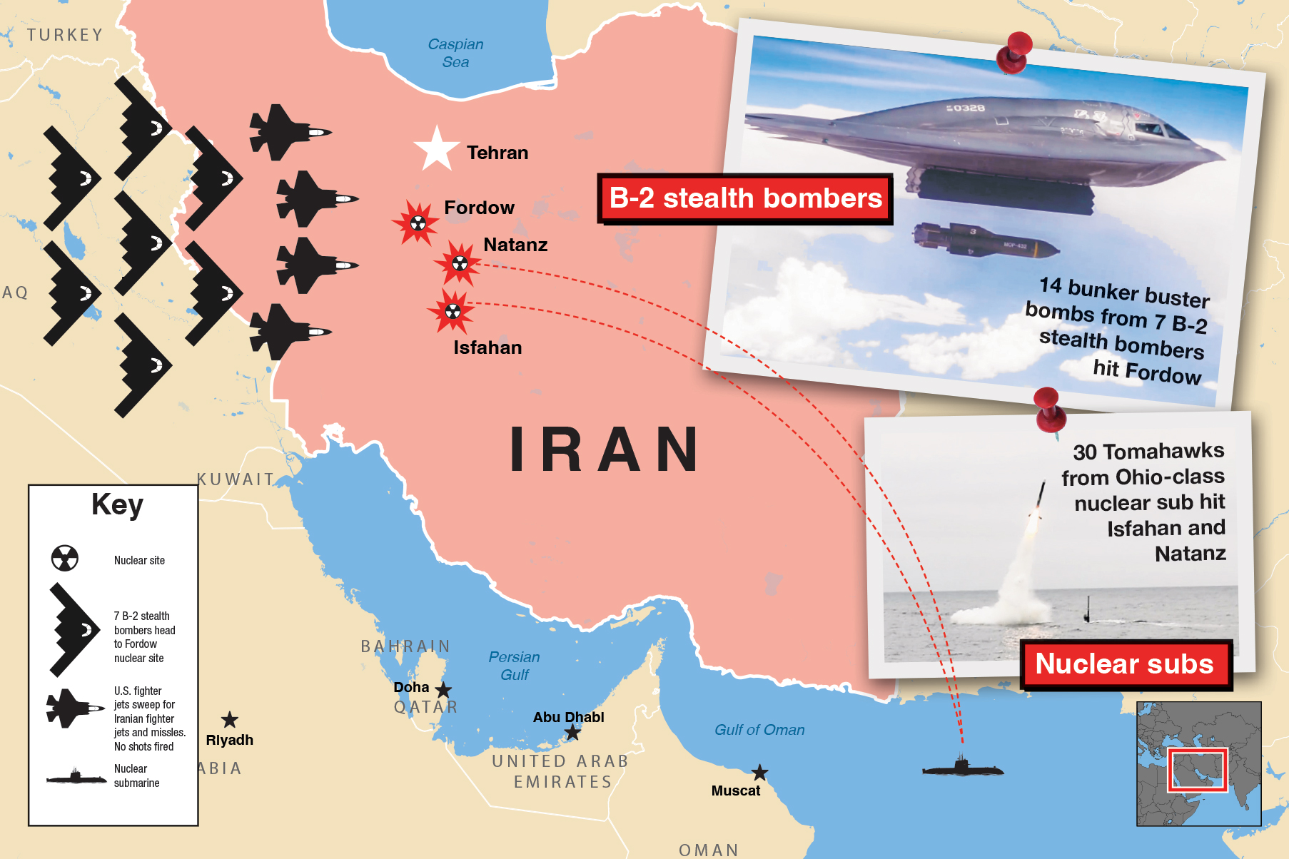 B-2 Bombers and nuclear ubmarine bomb nuclear targets in Iran