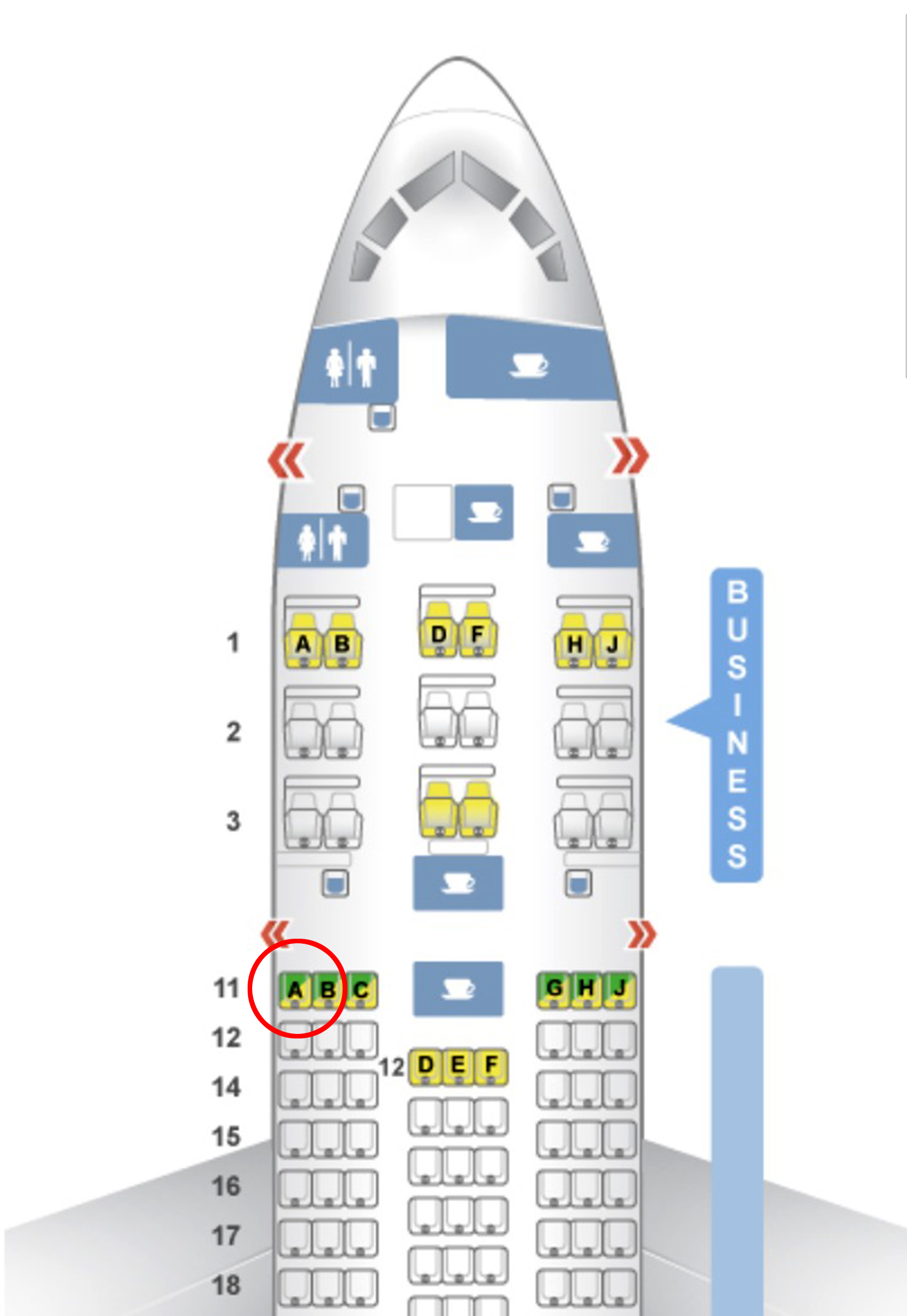 Airbus 787-8 seat map highlighting seat 11A.