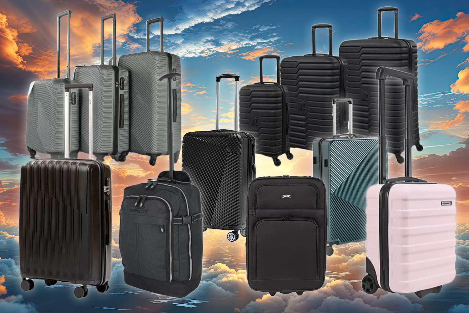 Collage of various suitcases and travel bags against a sunset sky.