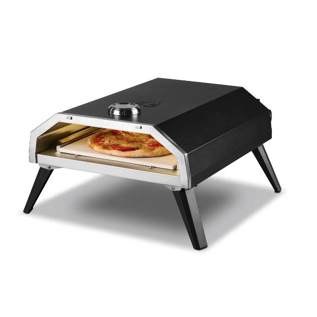 Lidl Grillmeister gas pizza oven with pizza inside.