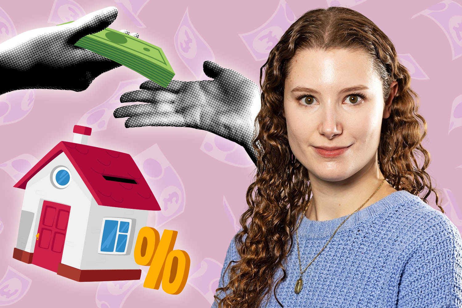 Illustration of a young woman with curly hair, a house with a large percentage symbol, and hands giving money.