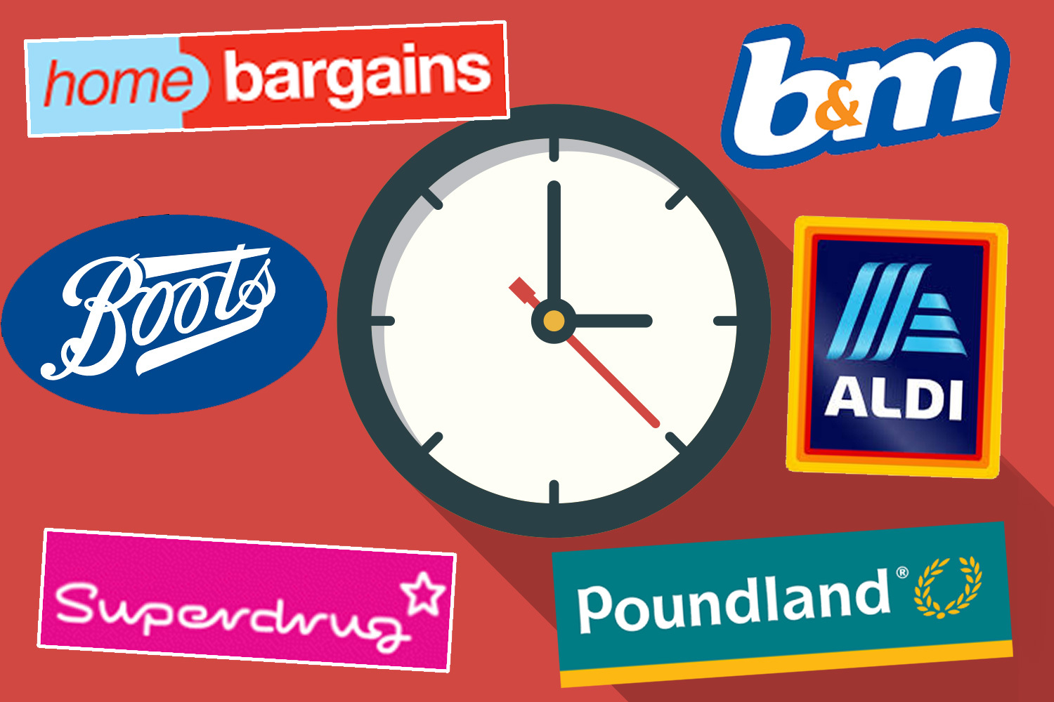 Illustration of a clock surrounded by various store logos, including Home Bargains, B&M, Boots, Aldi, Superdrug, and Poundland.