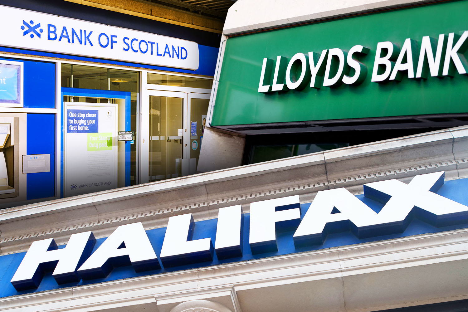 Collage of Bank of Scotland, Lloyds Bank, and Halifax branches.