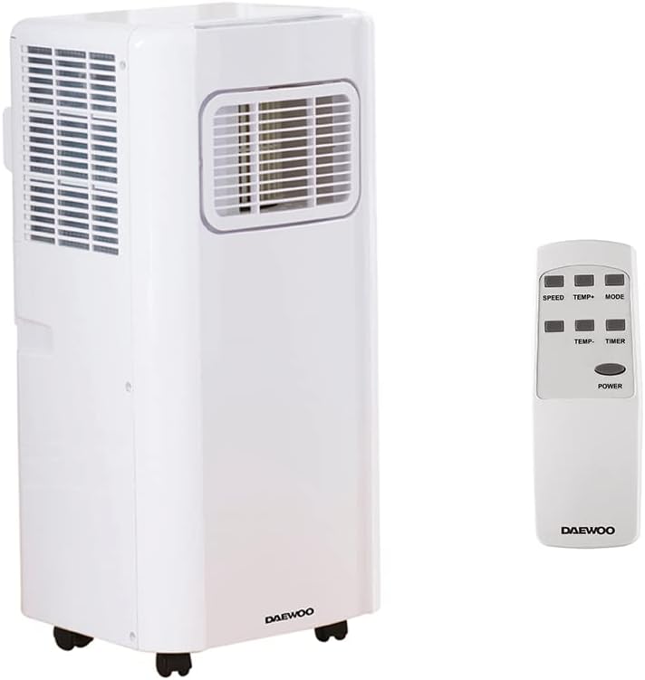 White Daewoo air conditioning unit with remote.
