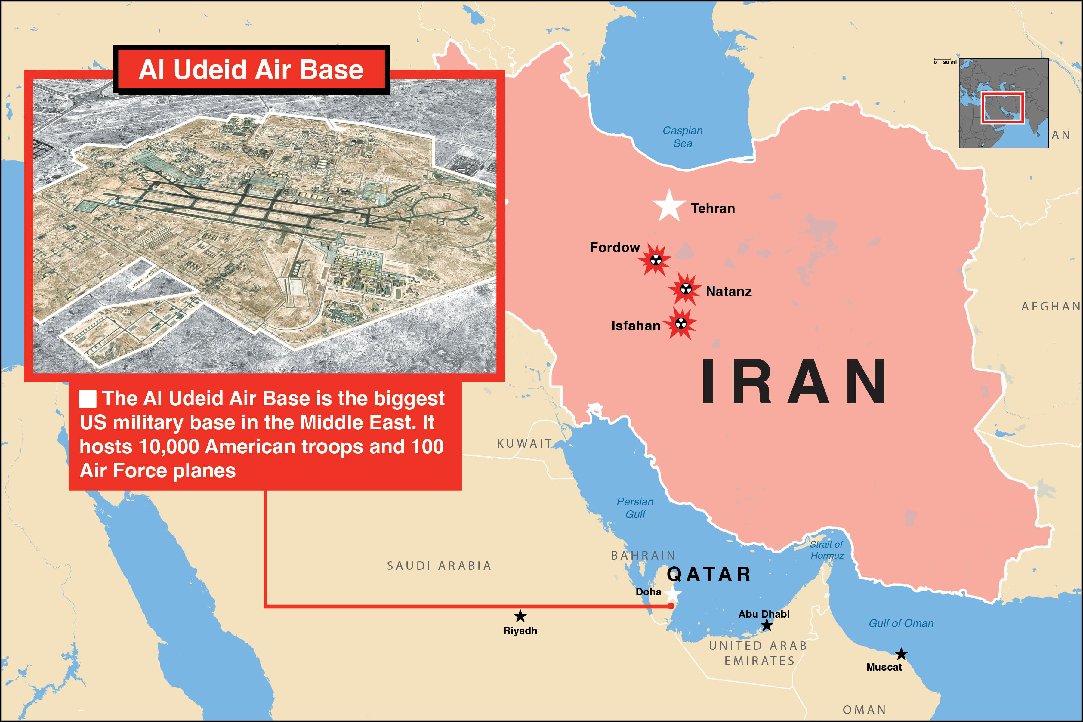 Map of Al Udeid Air Base in Qatar, showing its size and location relative to other Middle Eastern countries.