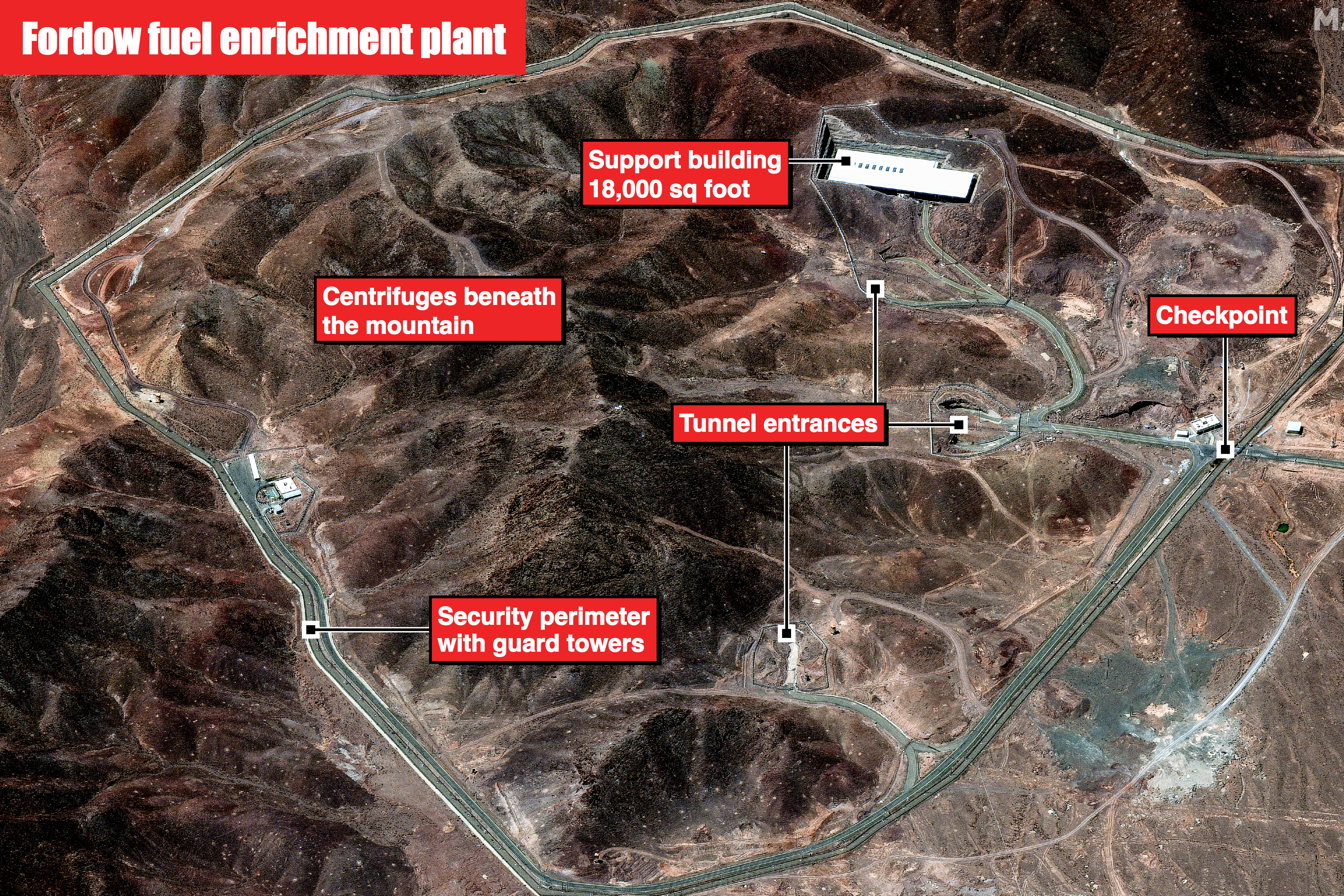 Annotated satellite image of the Fordow fuel enrichment plant in Iran.