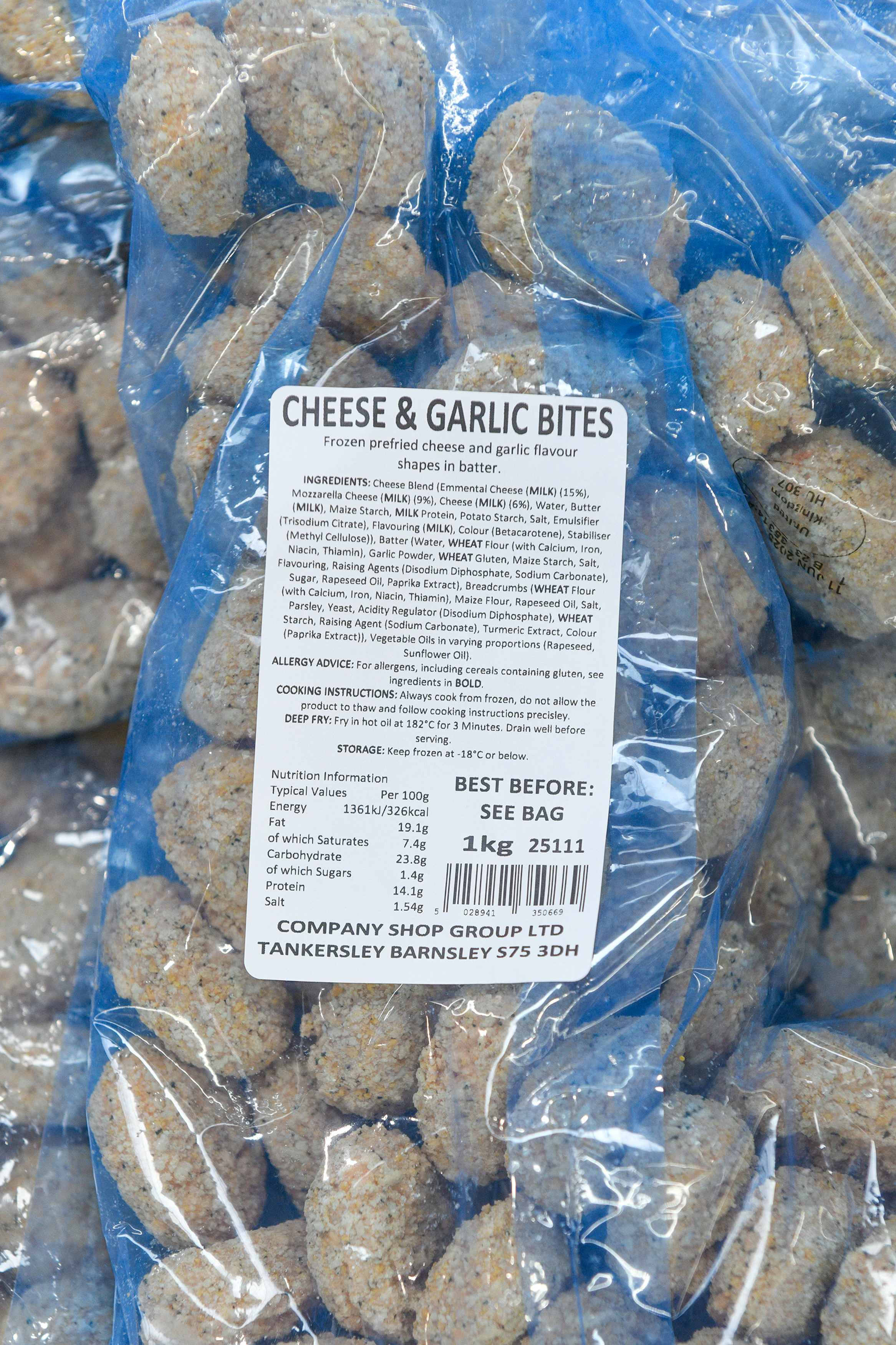 Package of frozen cheese and garlic bites.