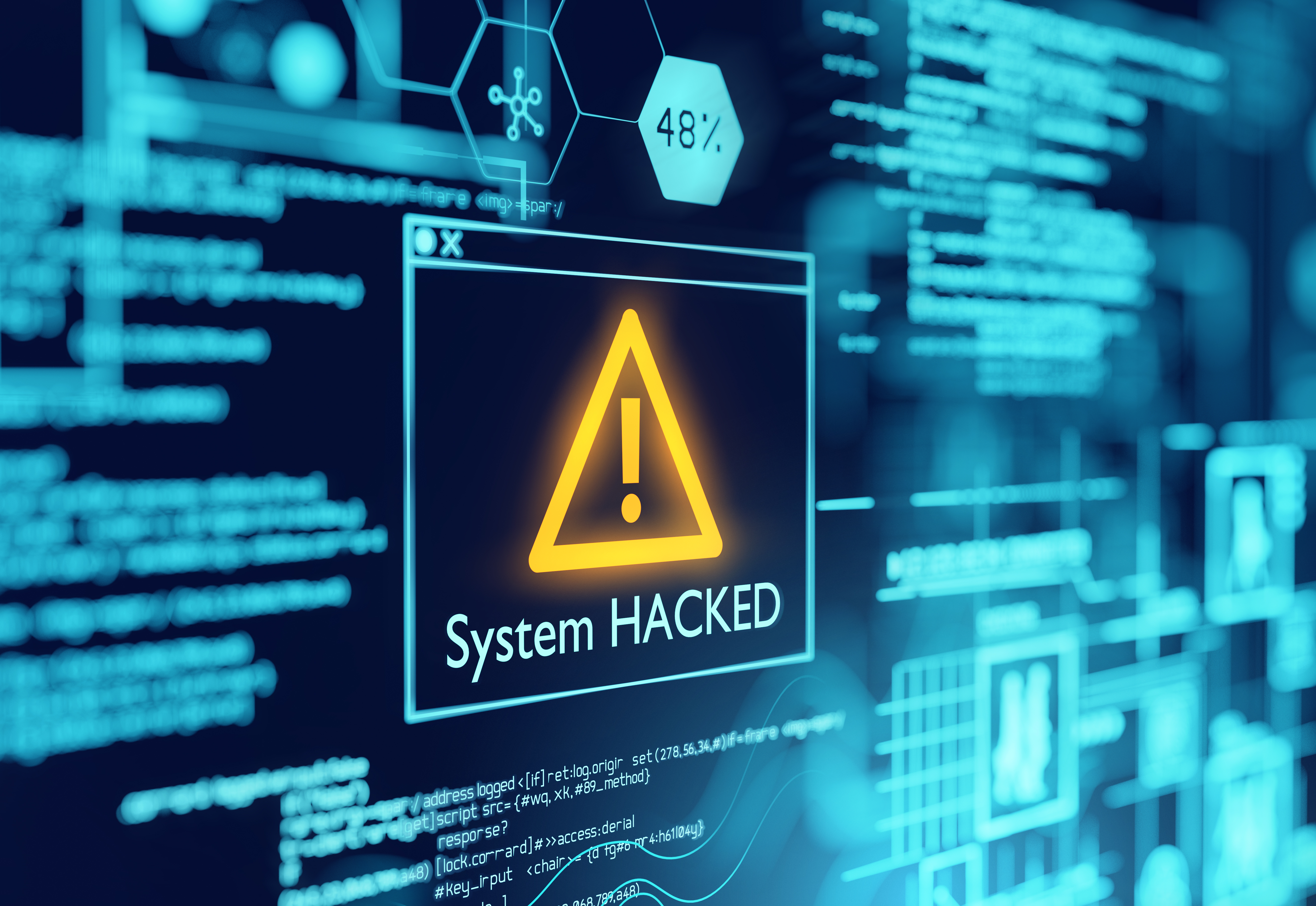 Illustration of a computer screen displaying a system hacked warning.