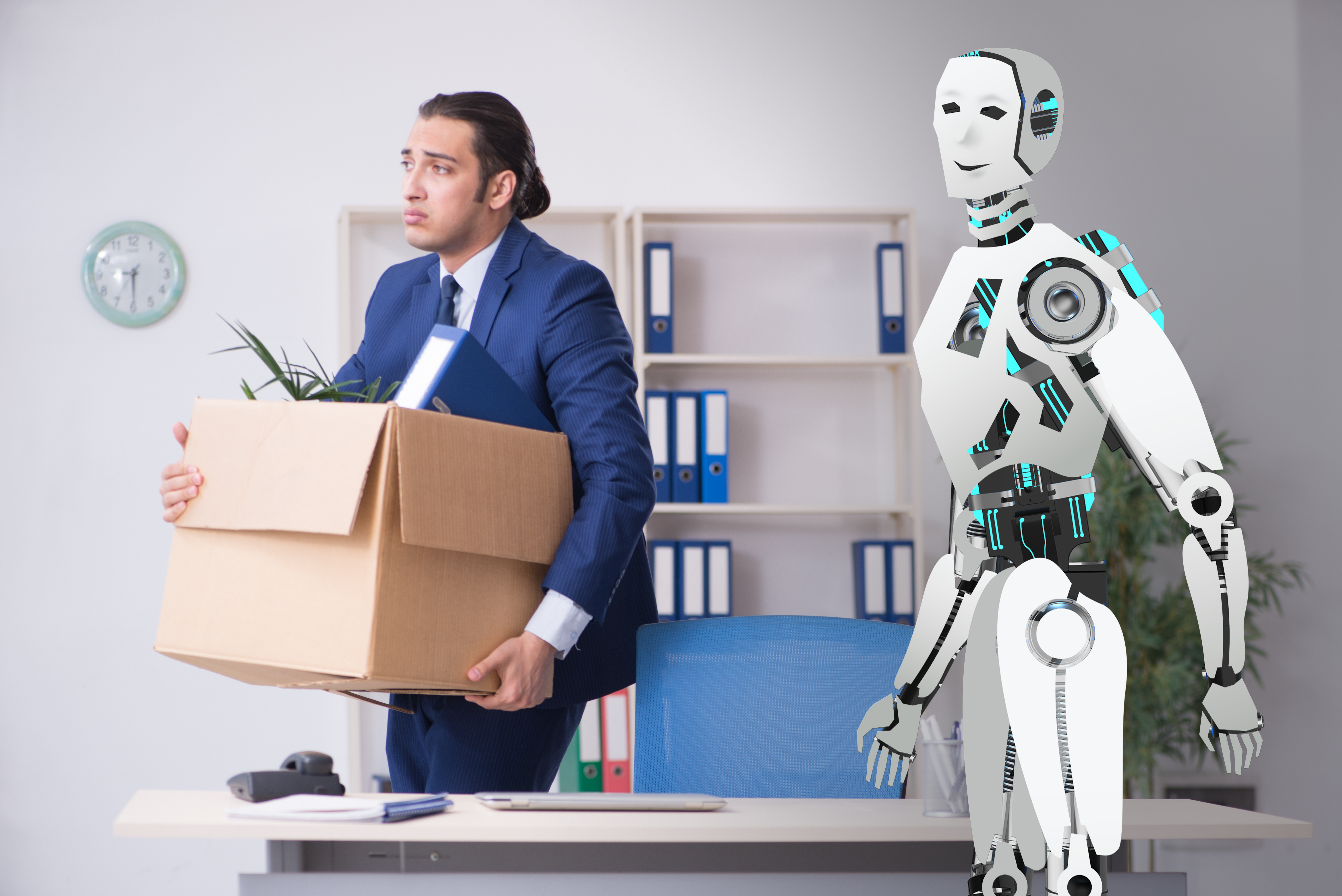 Illustration of a businessman carrying a box of his belongings as a robot stands nearby.