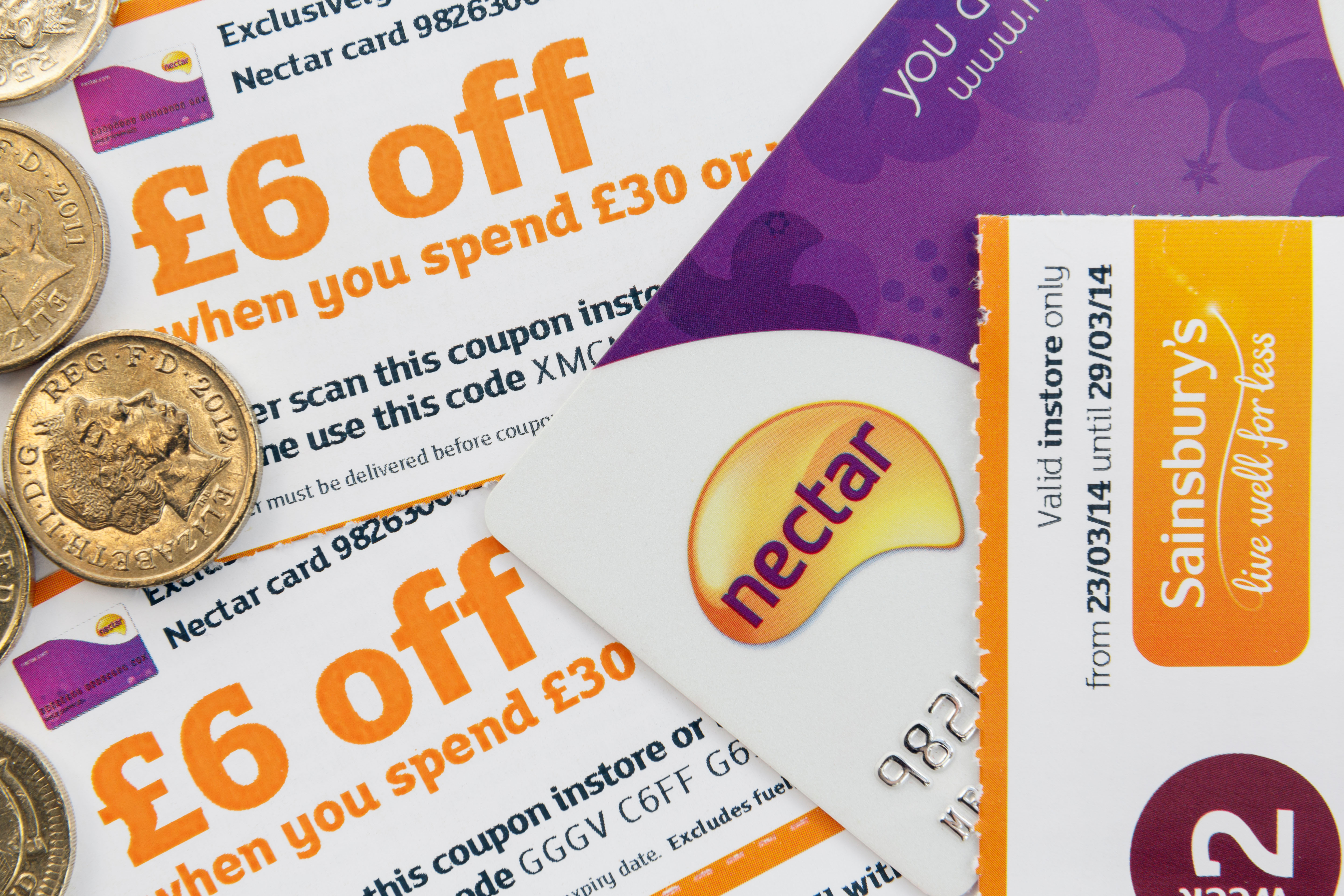 Nectar card and coupons offering £6 off when spending £30 at Sainsbury's.