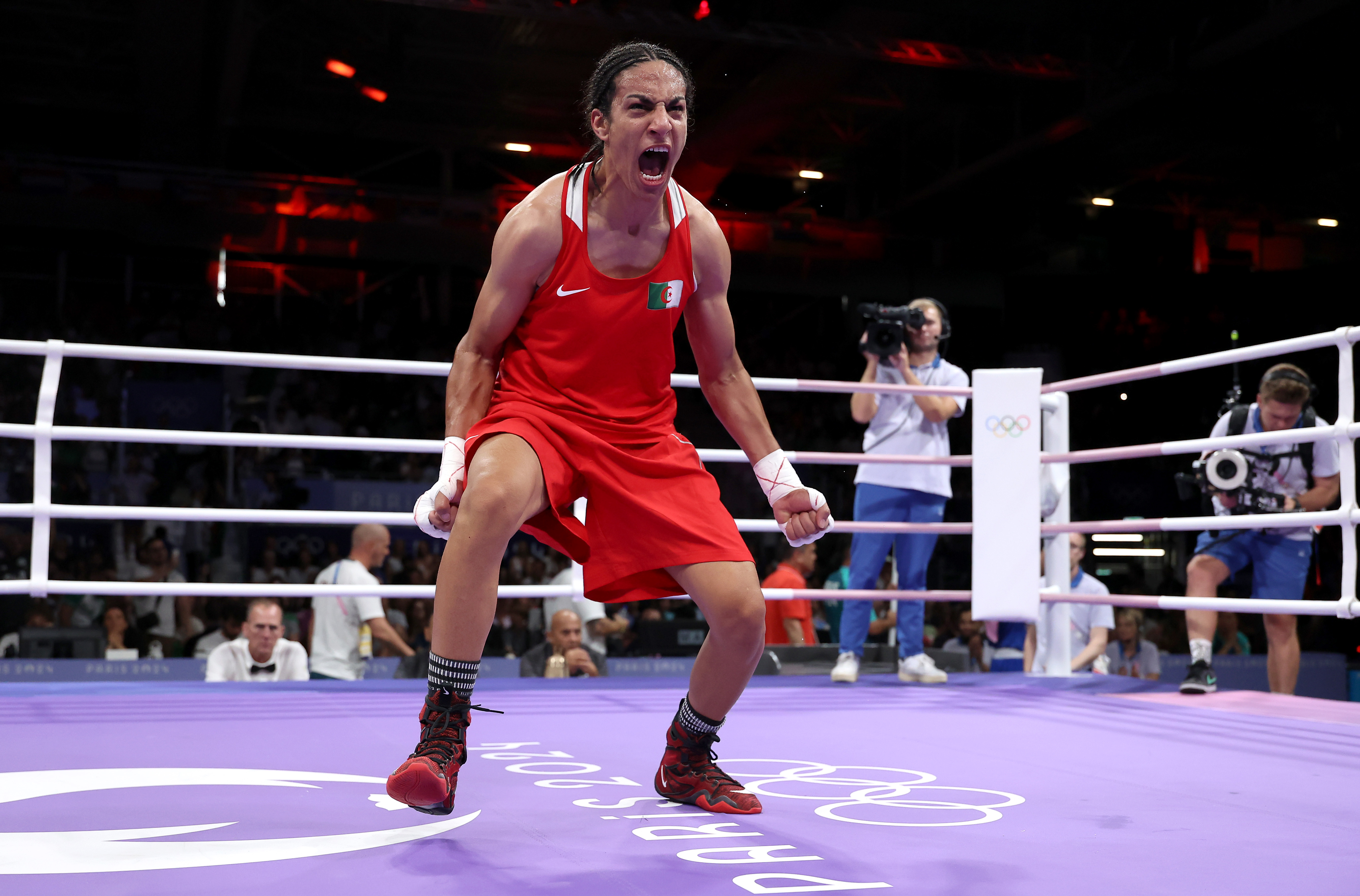 Imane Khelif of Team Algeria celebrates a boxing victory at the Paris 2024 Olympic Games.