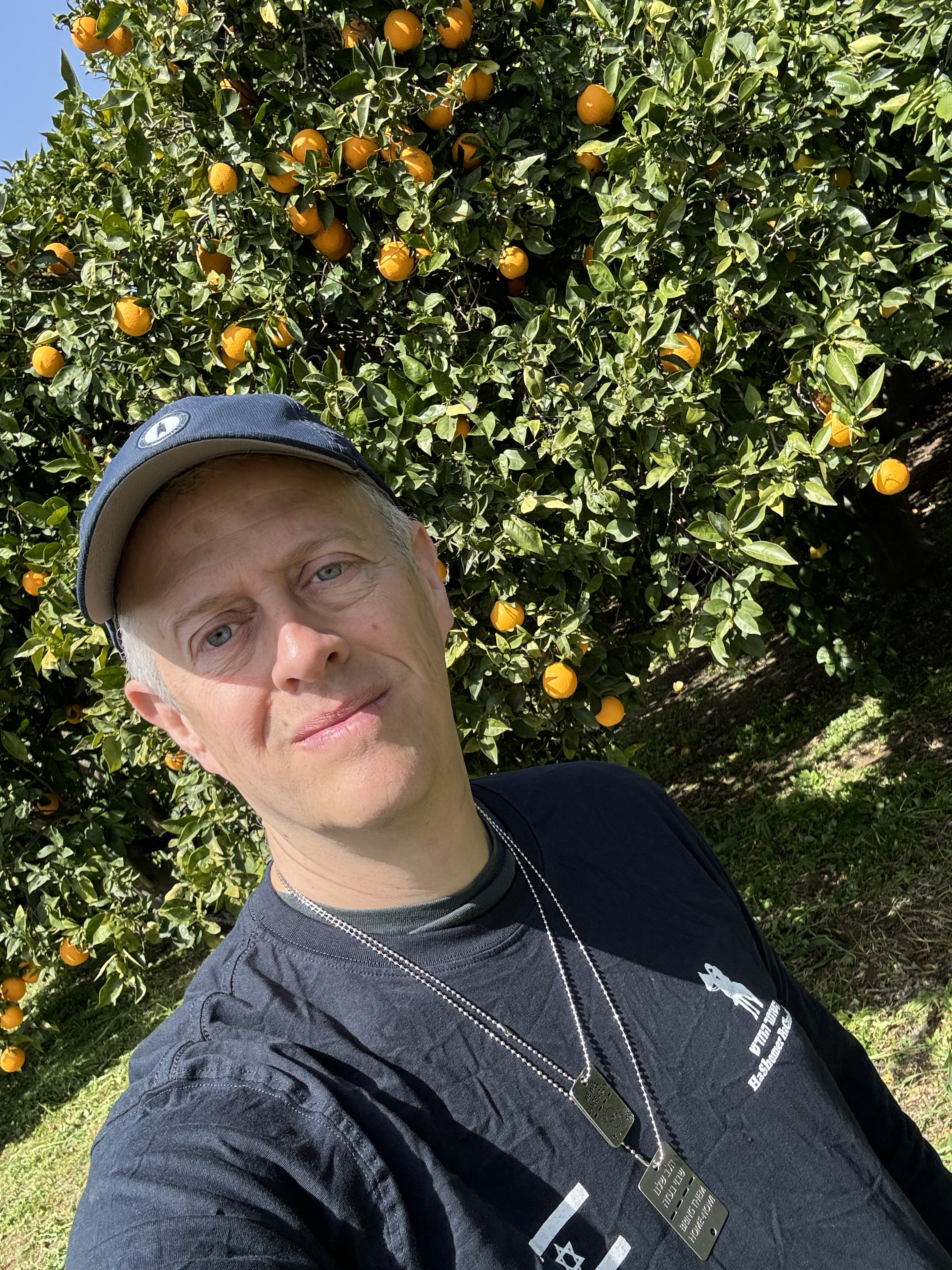 Todd Richman in Israel, standing in front of an orange tree.