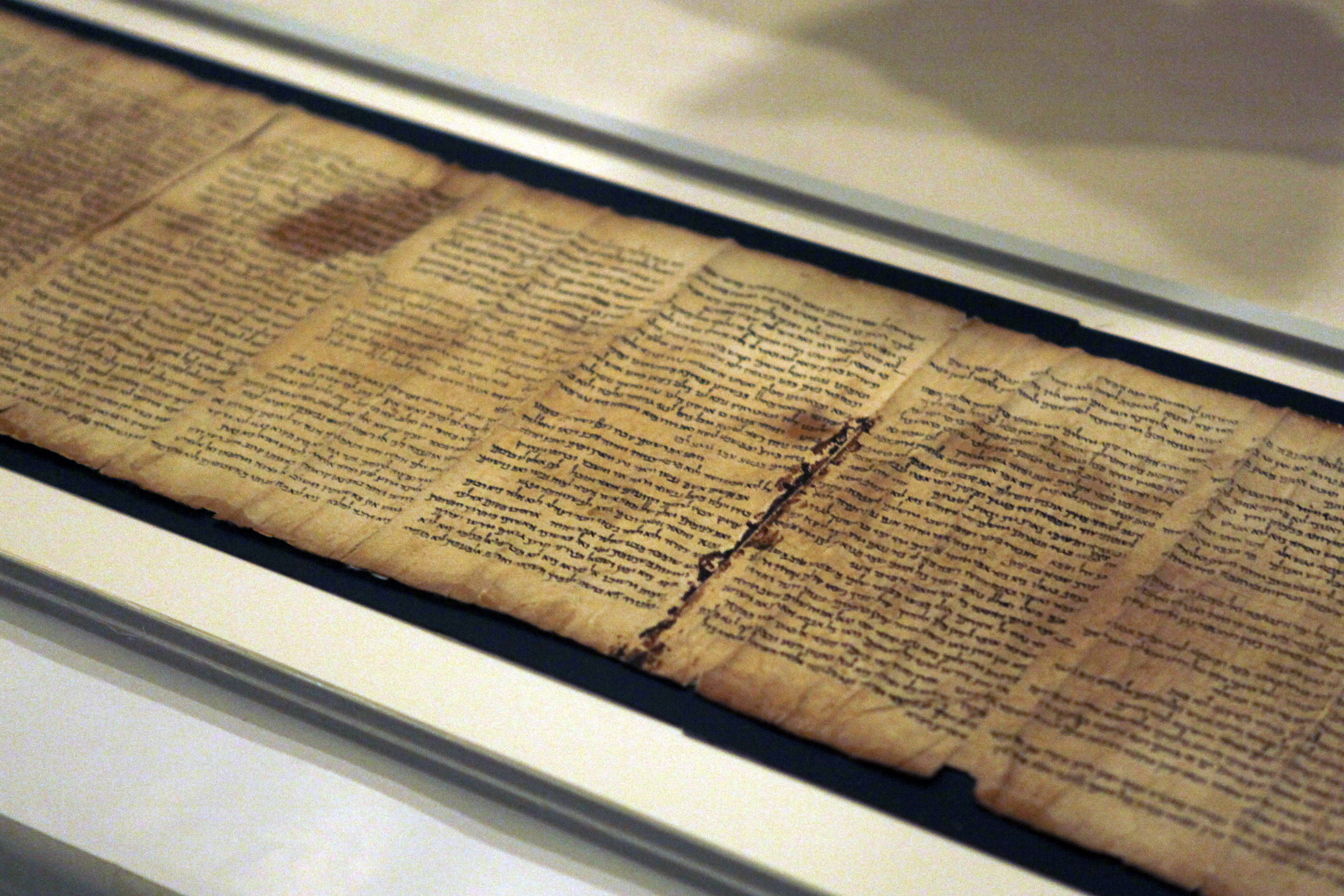 A fragment of the Isaiah Scroll, one of the Dead Sea Scrolls, on display.