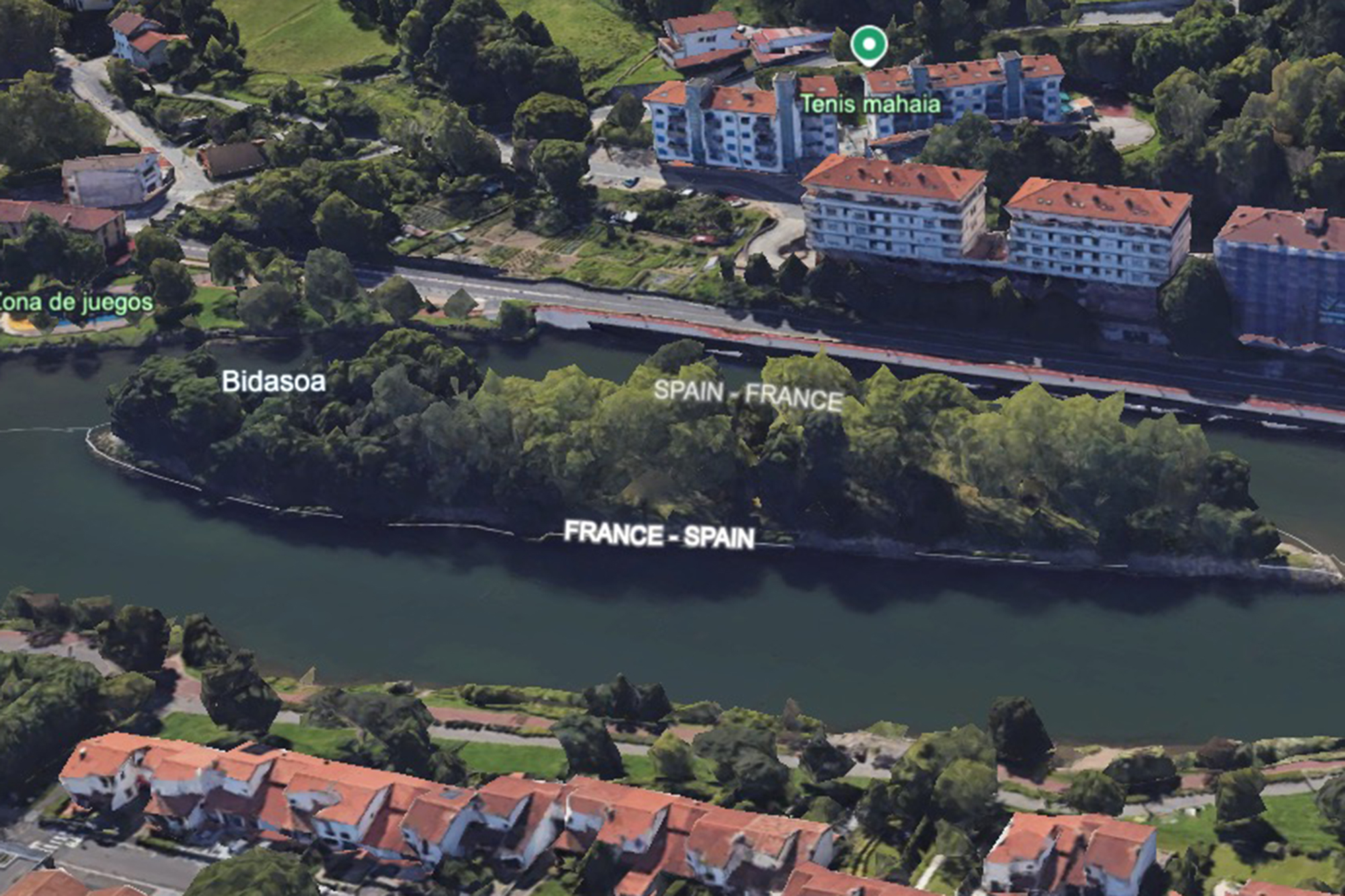 Aerial view of Pheasant Island, located on the Bidasoa River, showing the border between France and Spain.