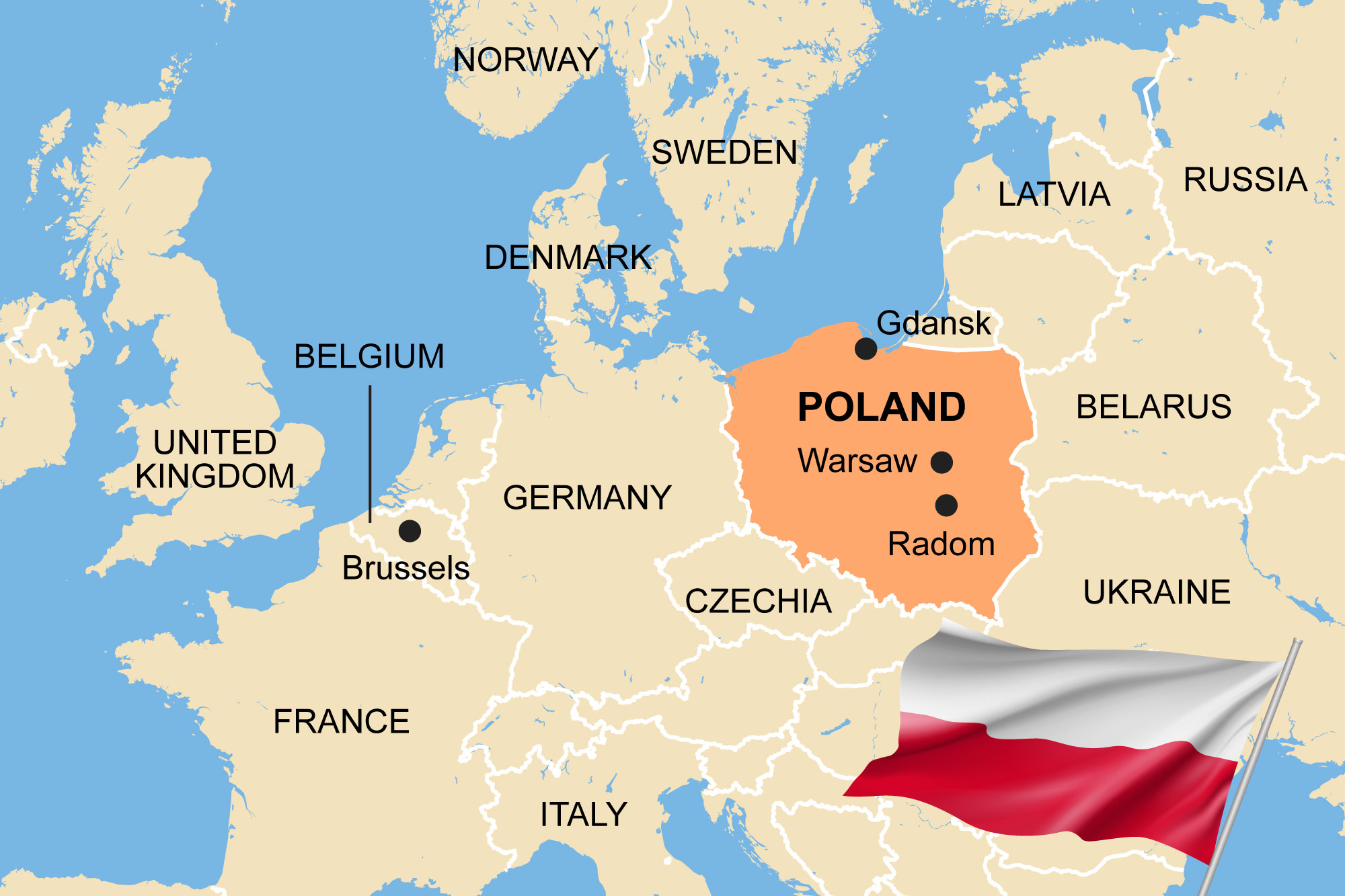 Map of Poland, showing its location in Europe and neighboring countries, including Warsaw, Gdansk, and Radom.