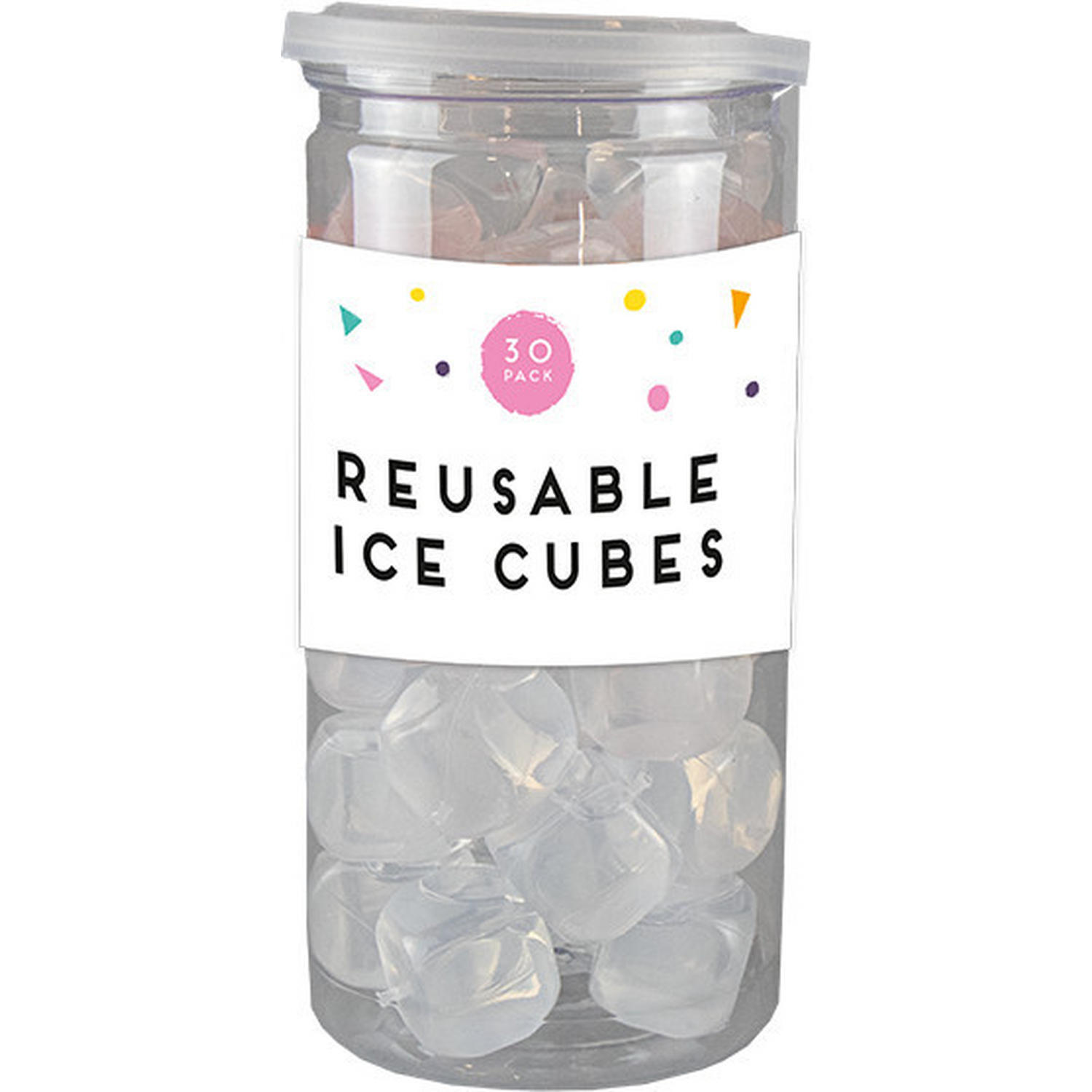 Thirty reusable ice cubes in a jar.