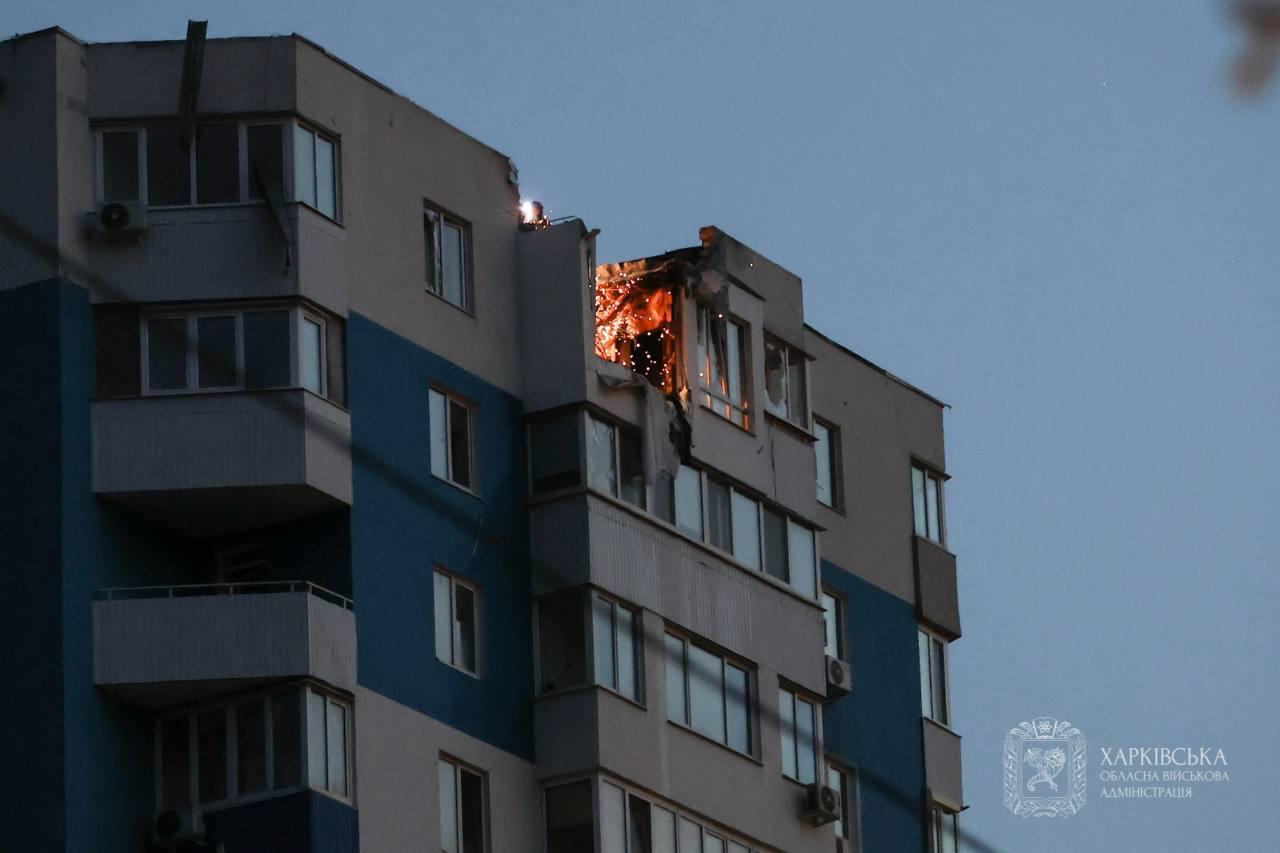 A Ukrainian apartment building with destruction after the Russian drone strike.