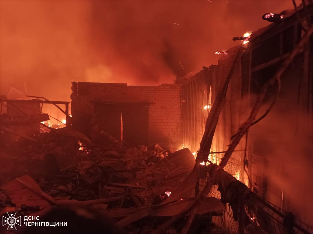 Fire burns through a destroyed home attacked during the Russian strike that killed five on June 5, 2025.