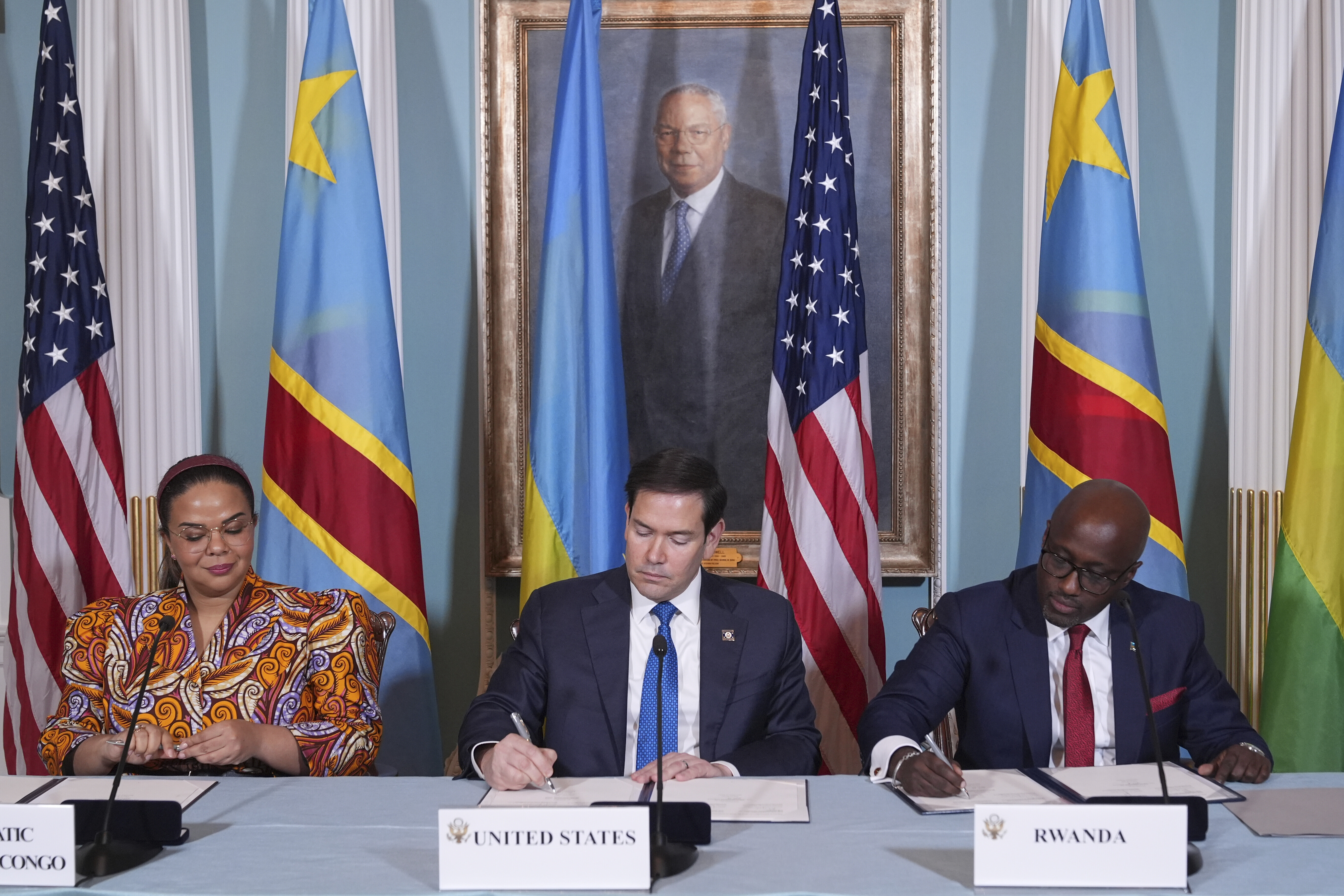 Secretary of State Marco Rubio hosts a Declaration of Principles signing ceremony with representatives from the Congo and Rwanda at the State Department on April 25, 2025.