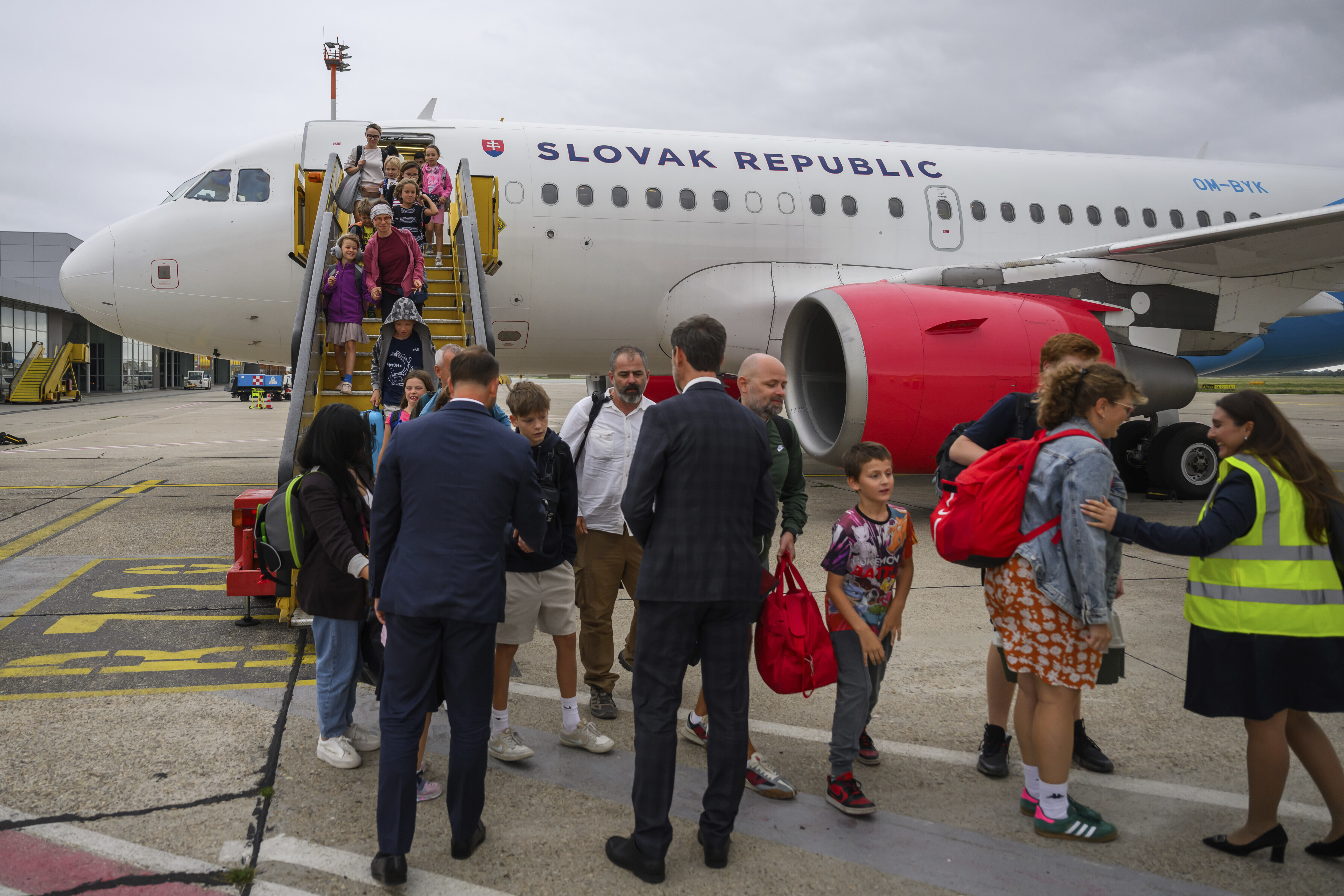 Evacuees arriving at Bratislava Airport.