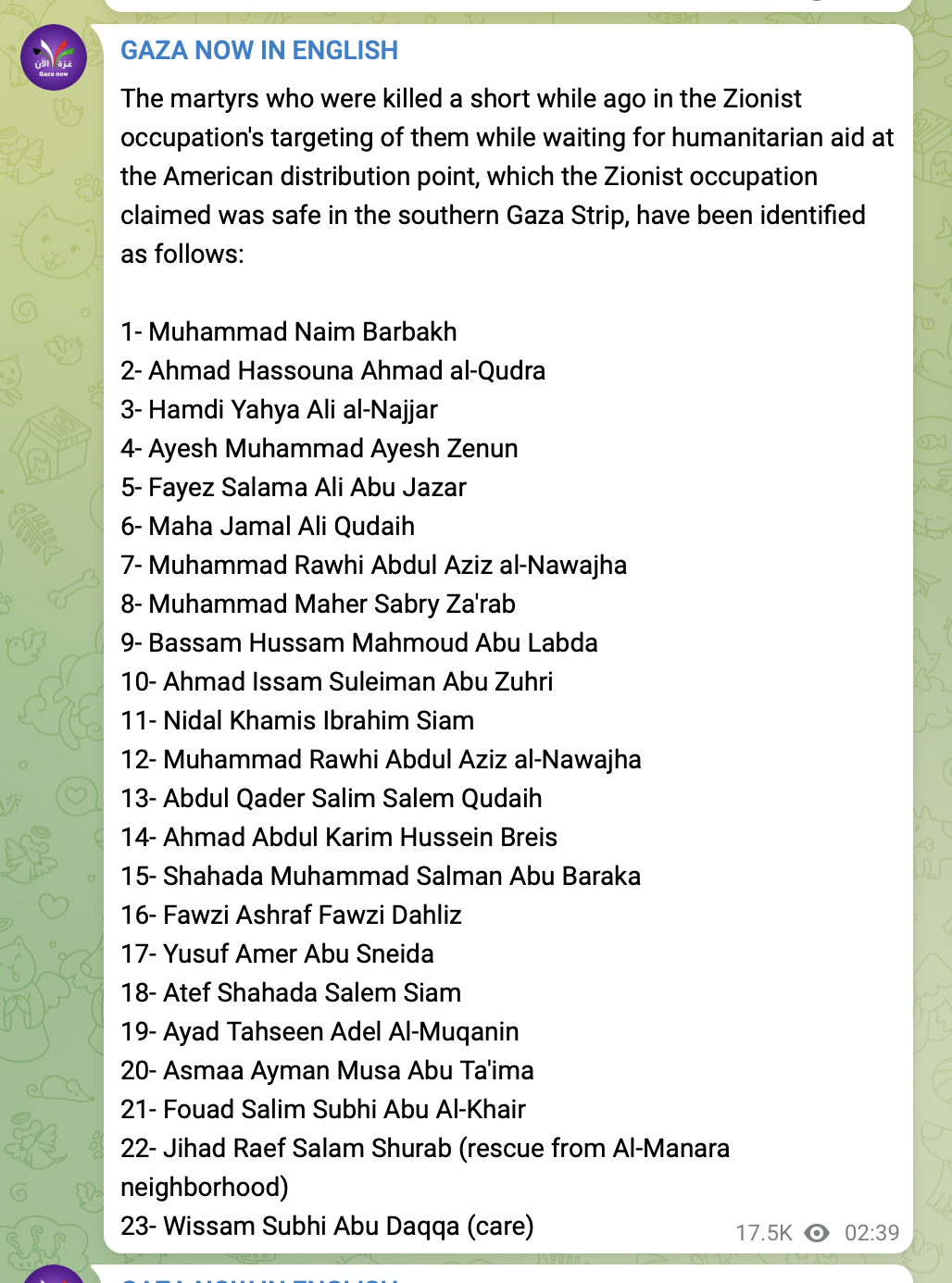 List of names of individuals killed in Gaza posted to Telegram