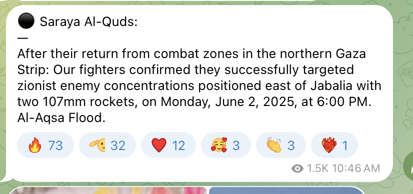 Telegram message announcing a successful rocket attack