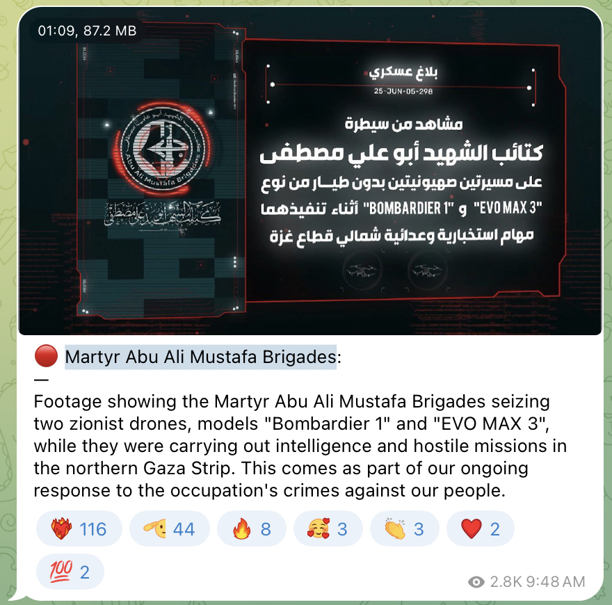 Footage of Martyr Abu Ali Mustafa Brigades seizing two Zionist drones posted to Telegram