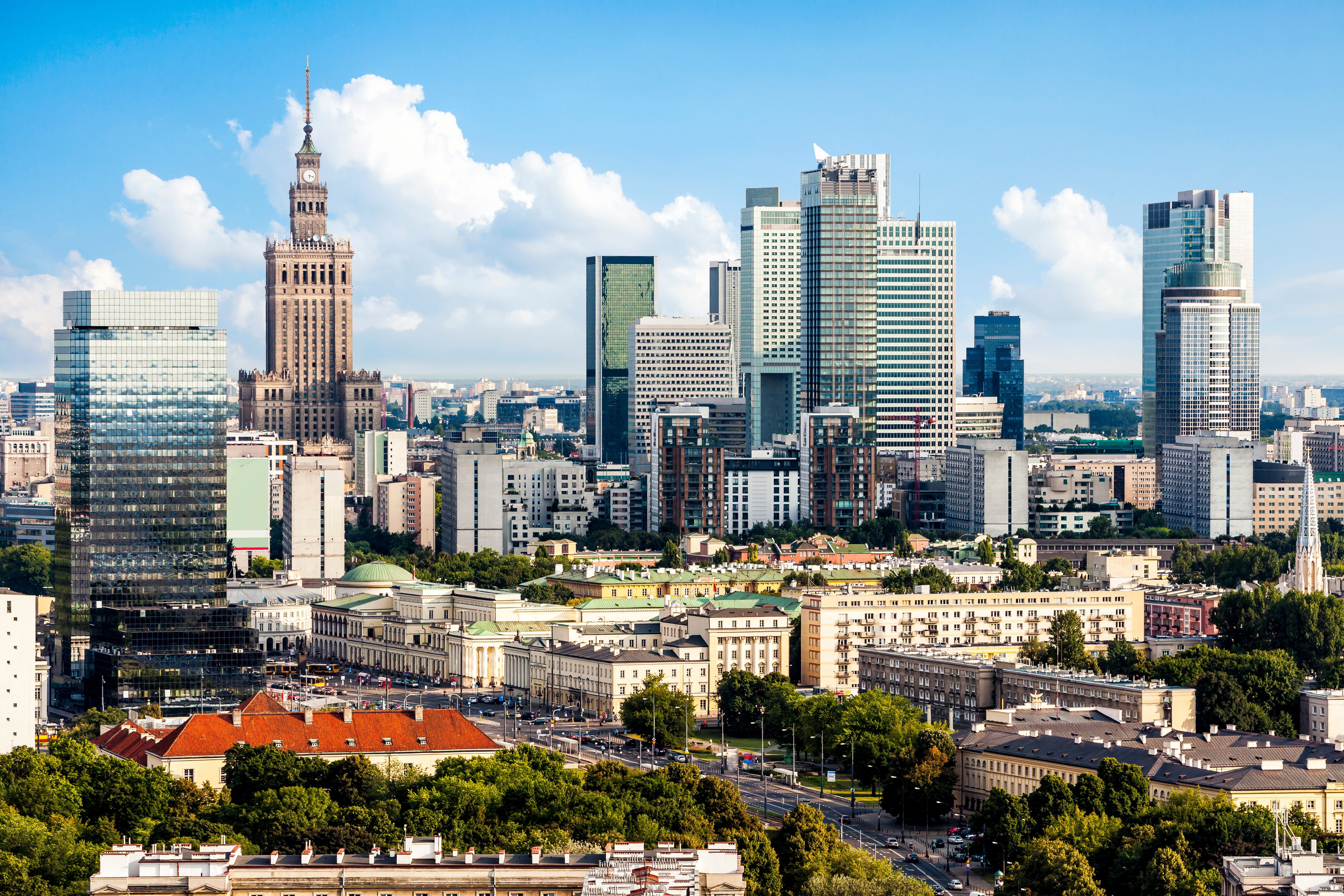 Aerial view of Warsaw's downtown skyline.