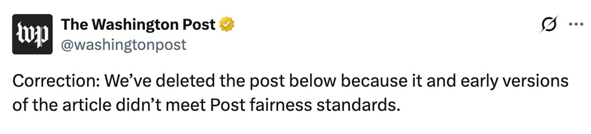 Washington Post tweet correcting a deleted post for not meeting fairness standards.