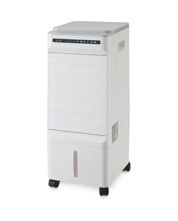 White air cooler with wheels.