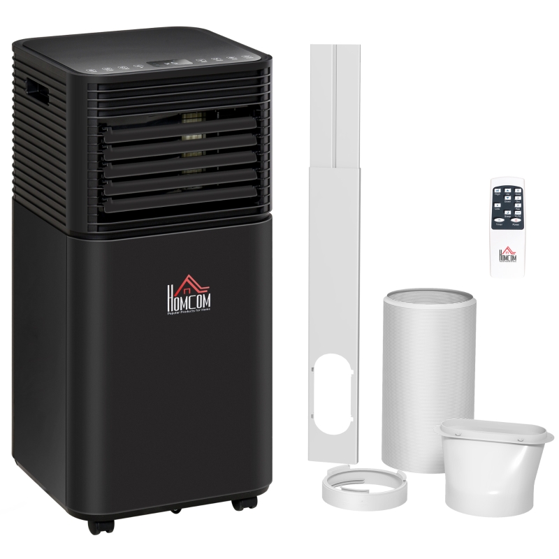 Black air conditioner unit with remote and exhaust kit.