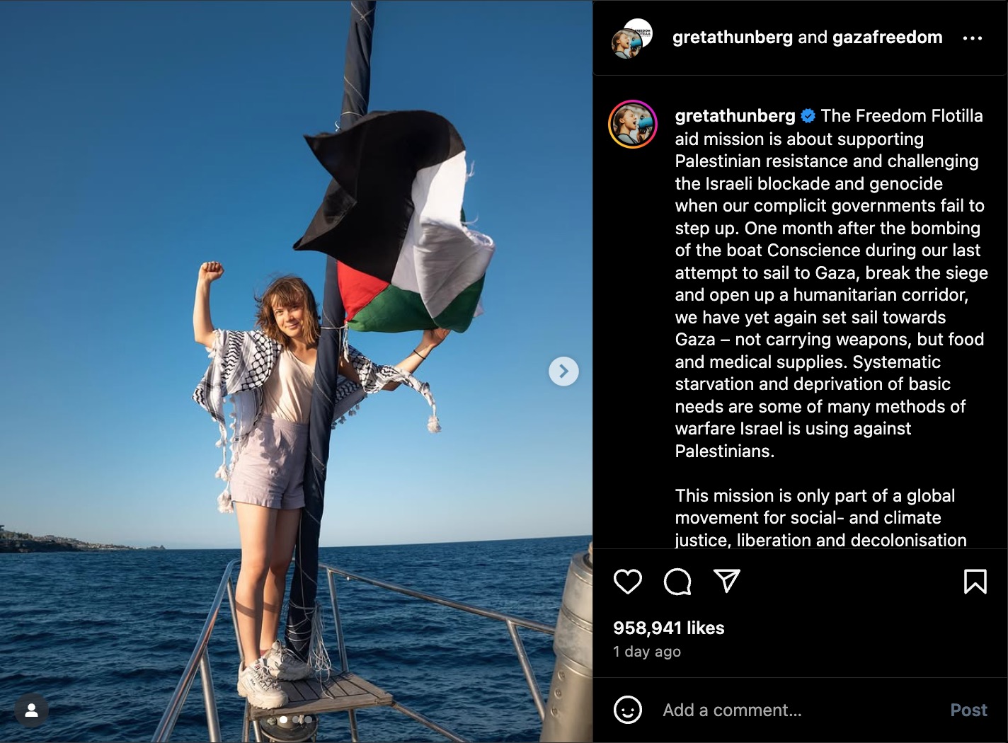 Greta Thunberg on a boat holding a Palestinian flag.