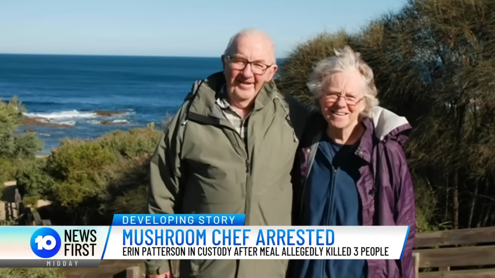 Photo of an older couple with a news chyron stating that a mushroom chef has been arrested.