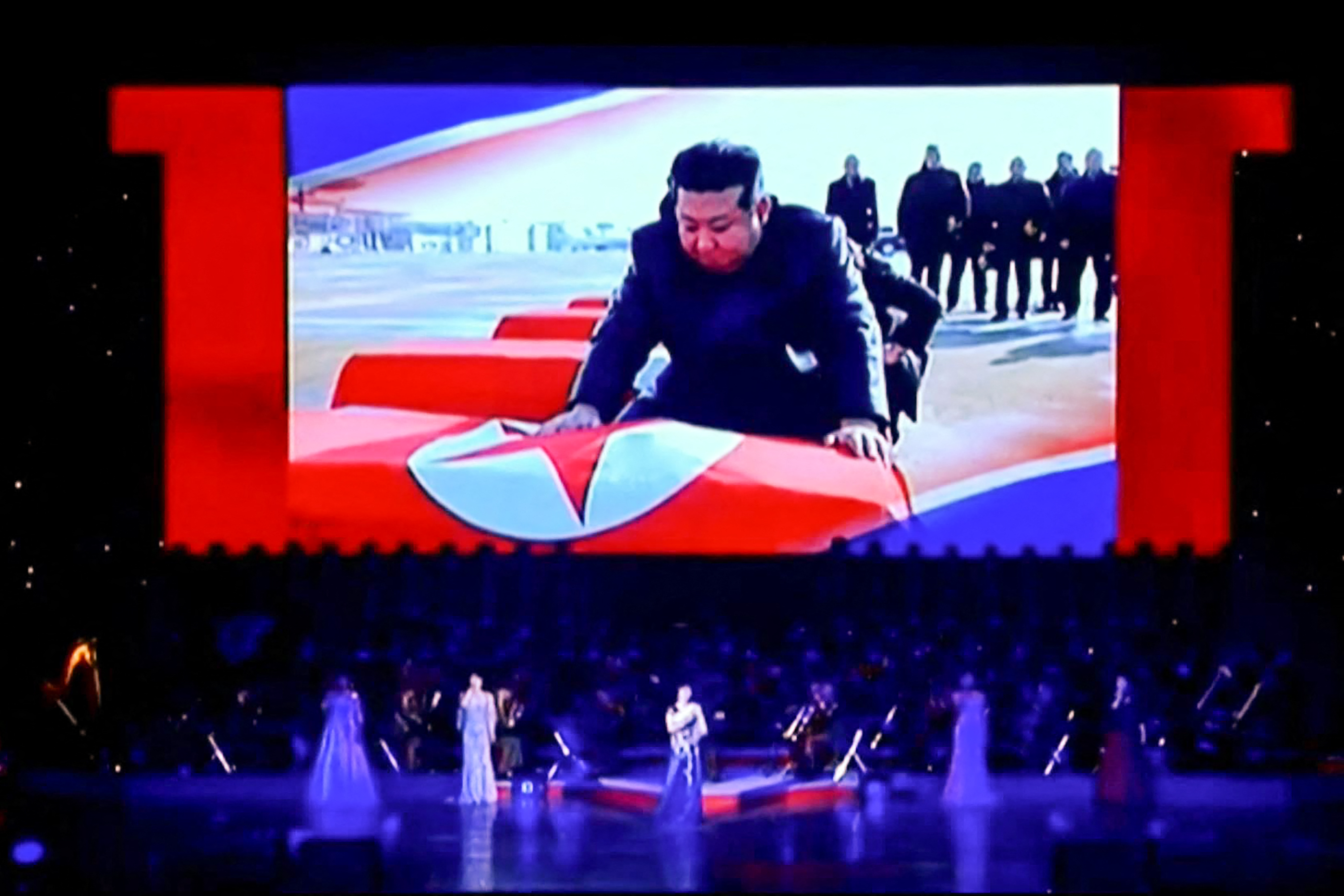 Screen showing Kim Jong Un mourning North Korean soldiers killed fighting in Ukraine.