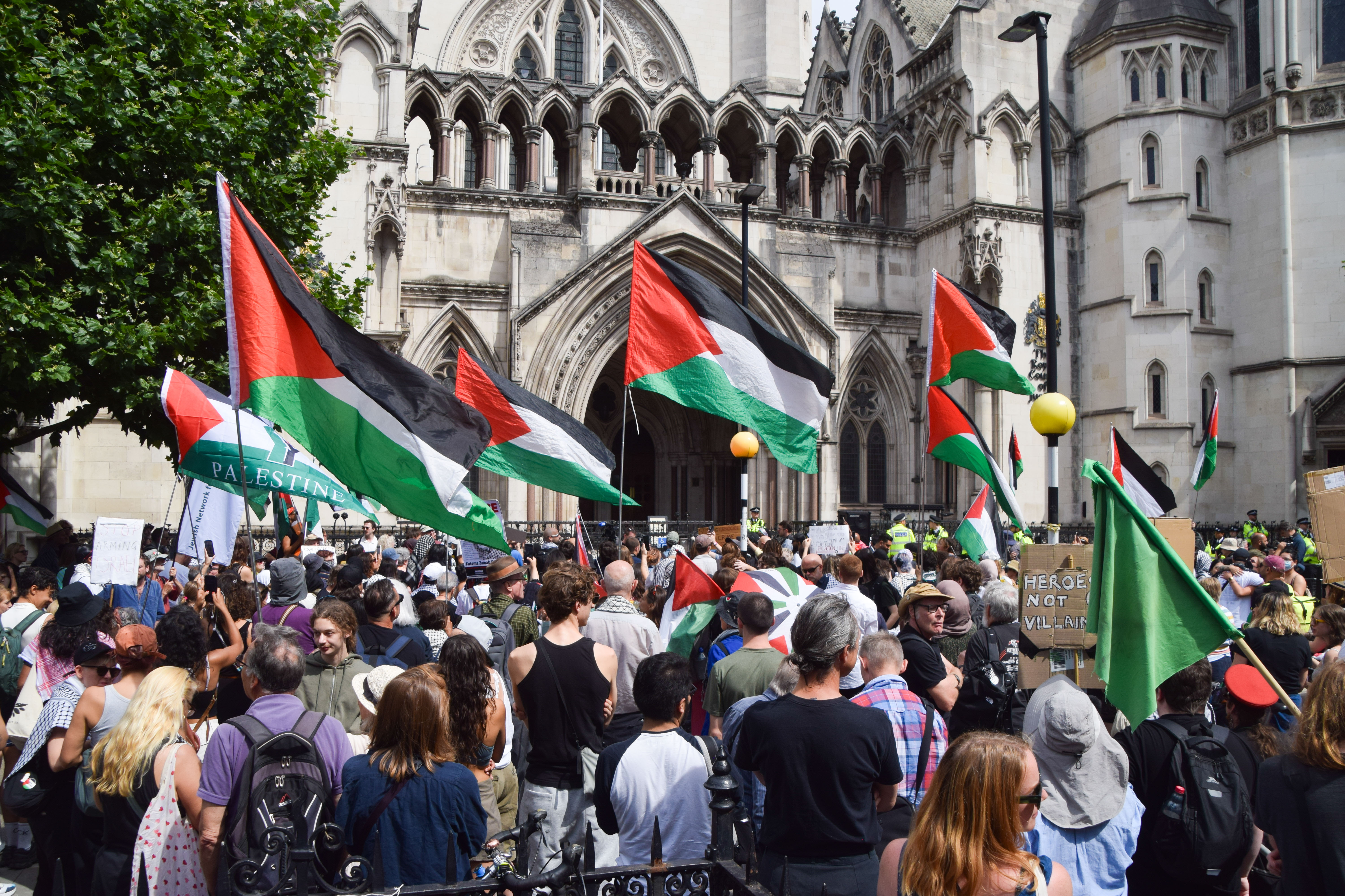 Palestine Action protest outside the Royal Courts of Justice in London.